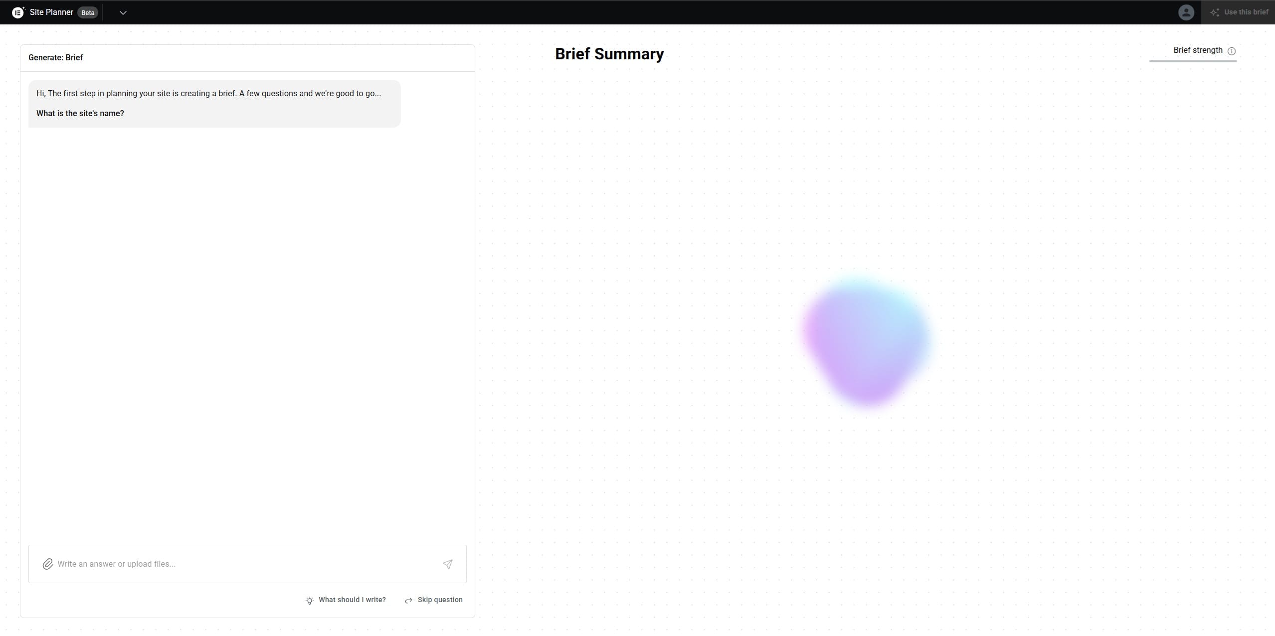 AI Site Planner Beta im Modus Generate: Brief mit der ersten Frage What is the site's name? und dem Panel Brief Summary rechts