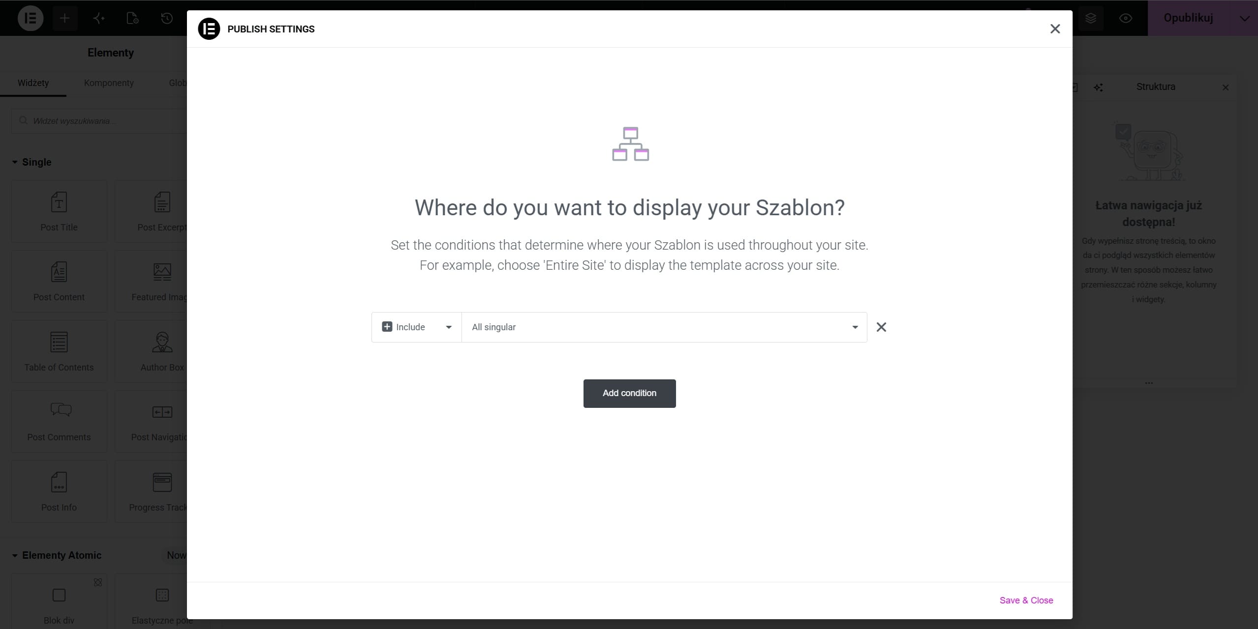 Modal Publish Settings mit der Konfiguration von Display Conditions im Theme Builder — Auswahl der Bedingung Include All singular und Schaltfläche Add condition