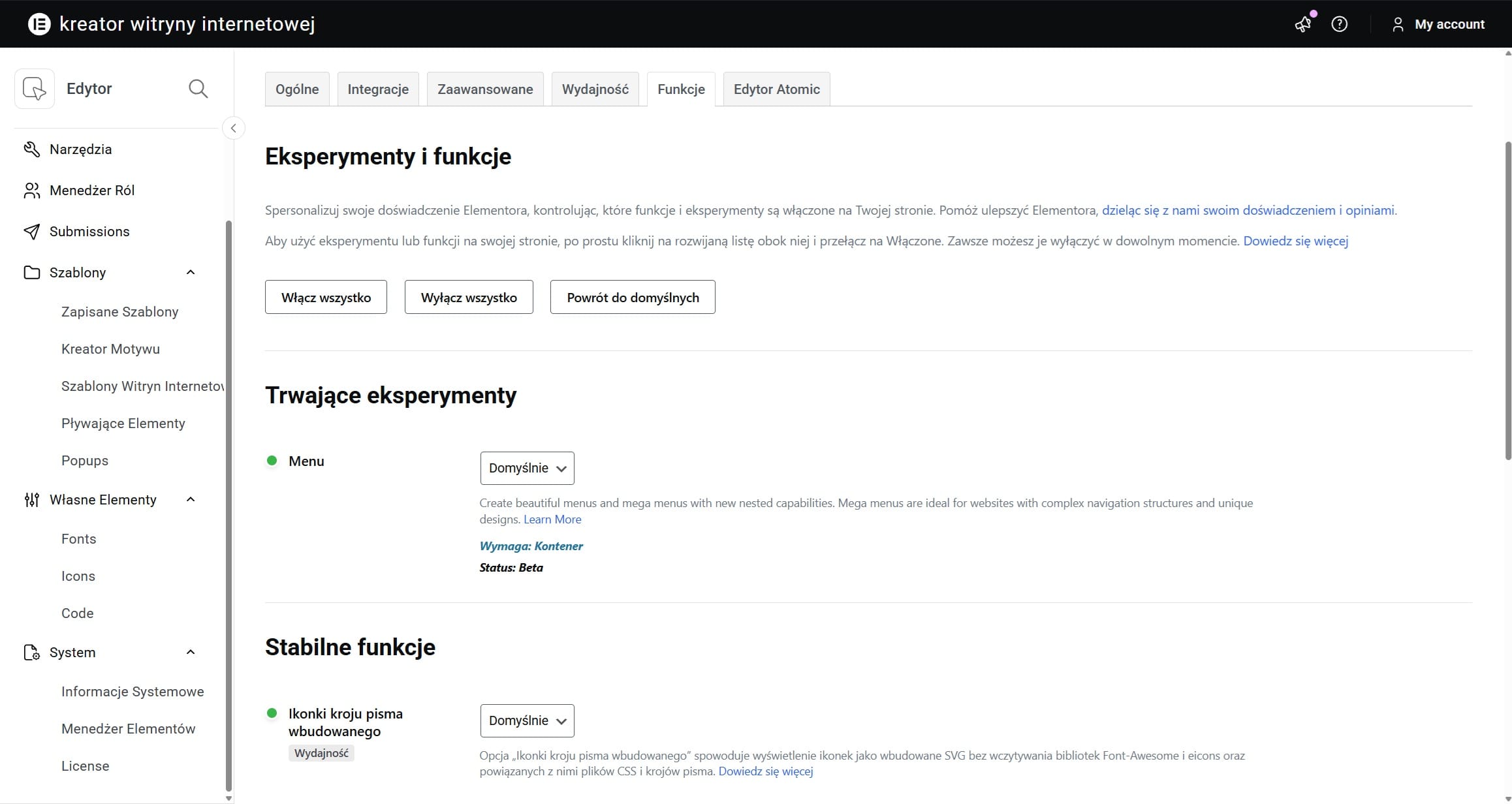 Elementor-Panel Experiments und Features mit den Bereichen Laufende Experimente und Stabile Funktionen sowie Dropdown-Menüs zur Statusauswahl