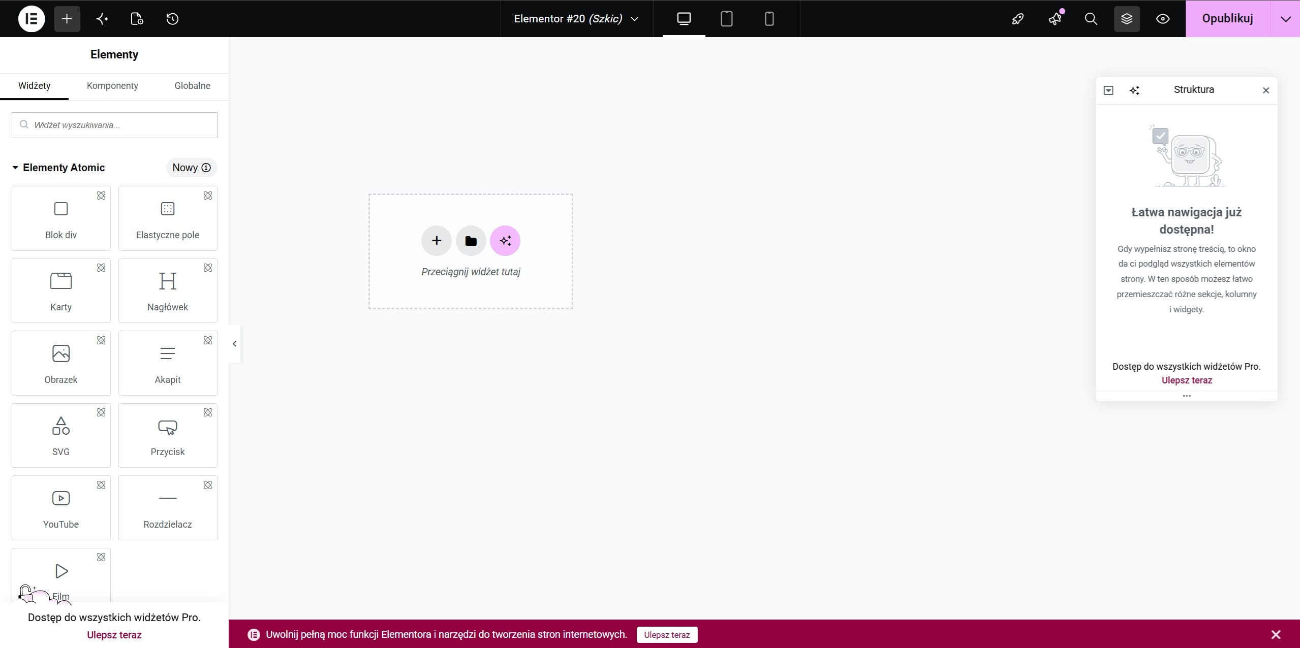 Elementor-Editor mit dem Widget-Panel Elemente links, einer leeren Arbeitsfläche in der Mitte und dem Panel Struktur rechts
