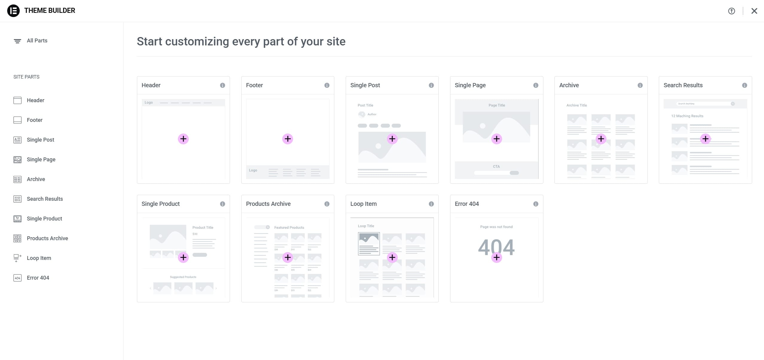 Theme Builder mit Kacheln der Vorlagentypen: Header, Footer, Single Post, Single Page, Archive, Search Results, Single Product, Products Archive, Loop Item, Error 404