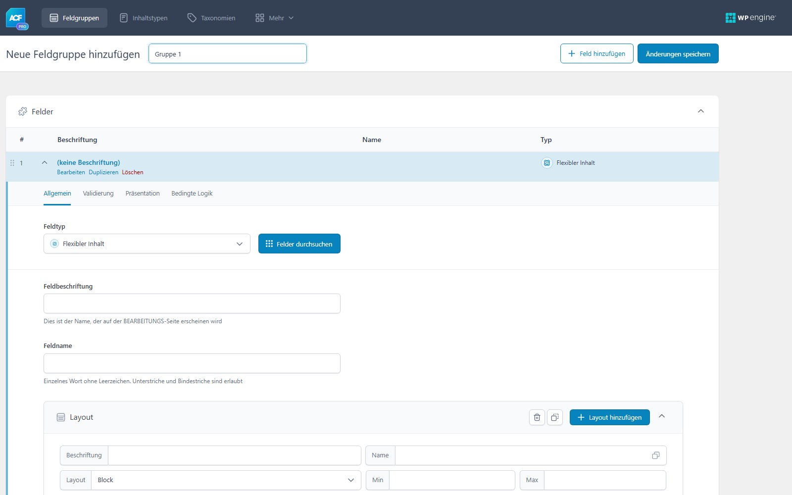 Plugin Advanced Custom Fields ACF Pro Editor einer neuen Feldgruppe in ACF PRO mit einem Feld vom Typ Flexibler Inhalt und den Registerkarten der Konfiguration