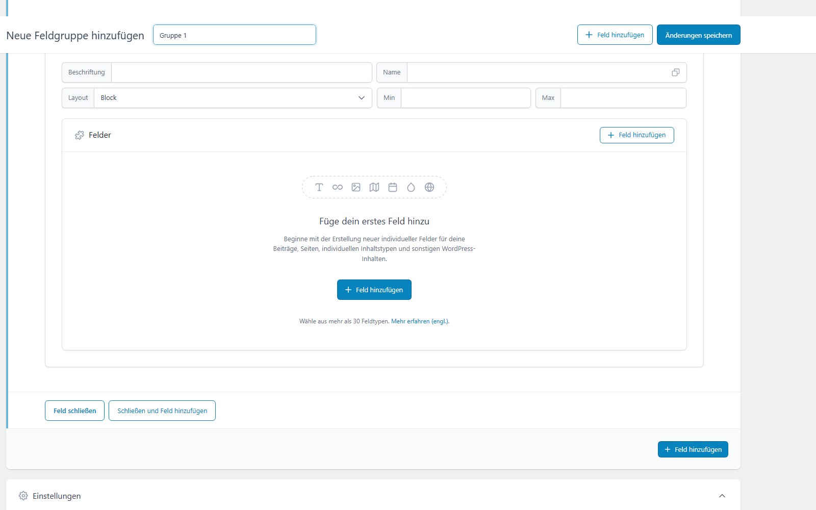 Plugin Advanced Custom Fields ACF Pro Konfigurationsbereich des Layouts eines Flexible Content Feldes in ACF PRO mit den Optionen Label, Name, Min und Max