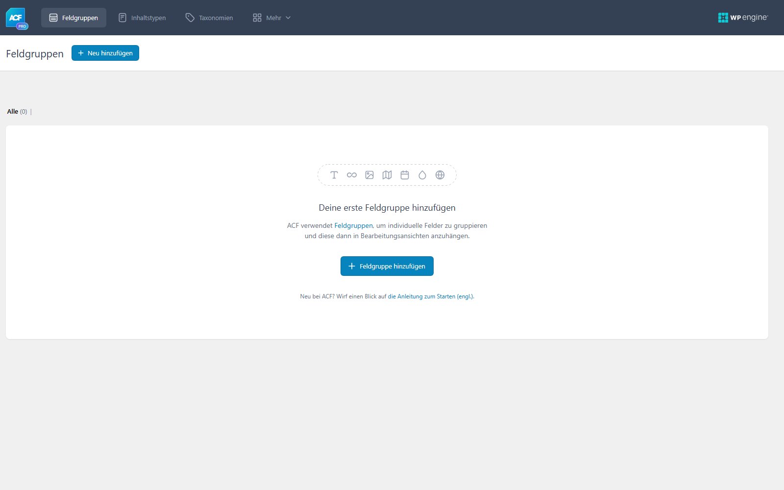 Plugin Advanced Custom Fields ACF Pro Startbildschirm des Bereichs Feldgruppen in ACF PRO mit der Plugin-Navigation und einer Schaltfläche zum Hinzufügen einer Feldgruppe