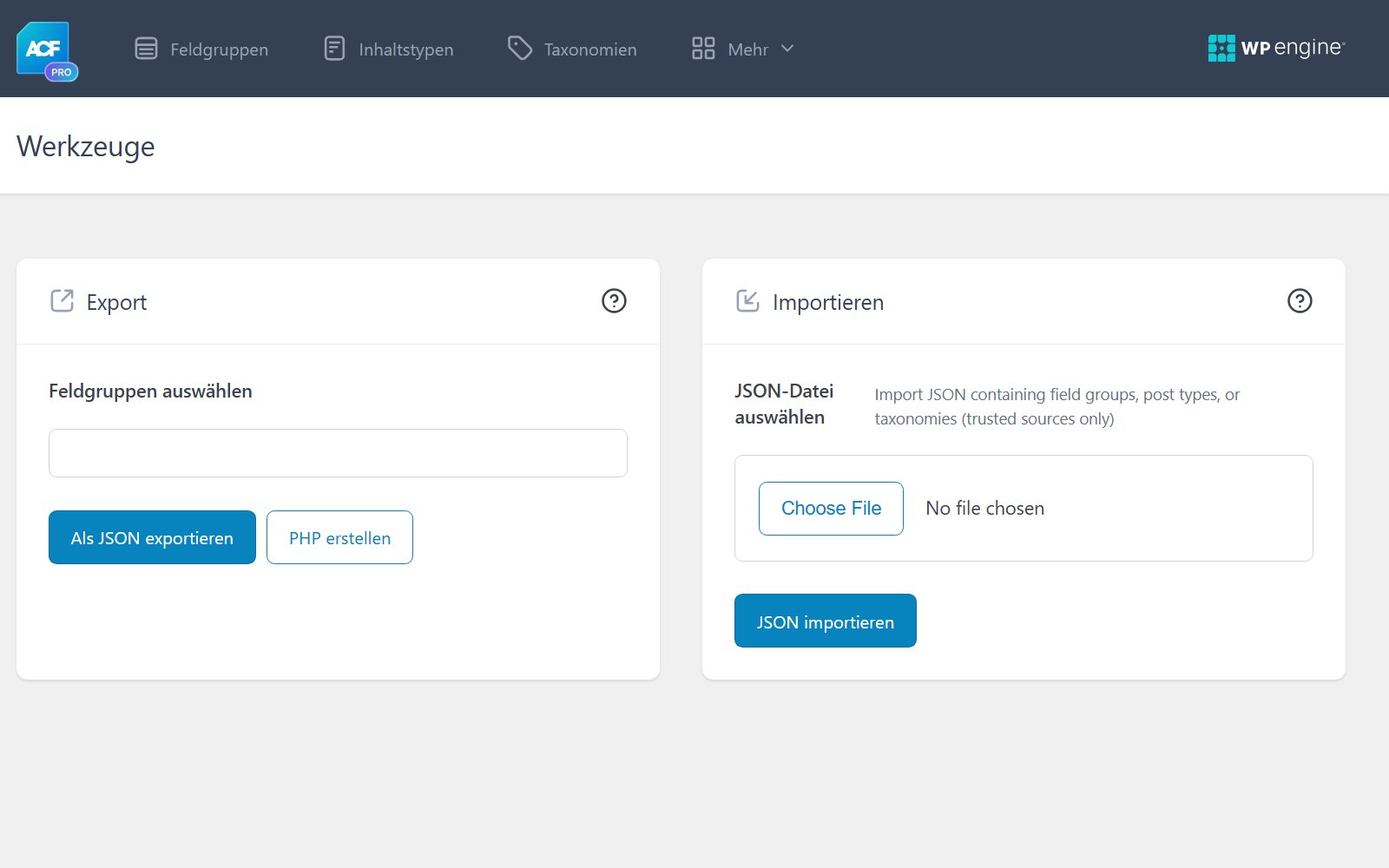 Plugin Advanced Custom Fields ACF Pro Bildschirm Werkzeuge in ACF PRO mit Optionen zum Export von Feldgruppen als JSON oder PHP sowie zum Import einer JSON-Datei