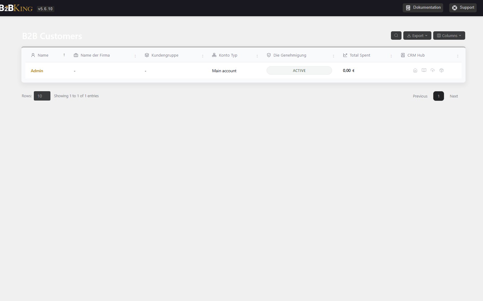 Plugin B2BKing Ultimate WooCommerce B2B Wholesale B2B-Kundenliste im B2BKing-Panel mit den Spalten Firmenname, Käufergruppe, Kontotyp und Freigabestatus