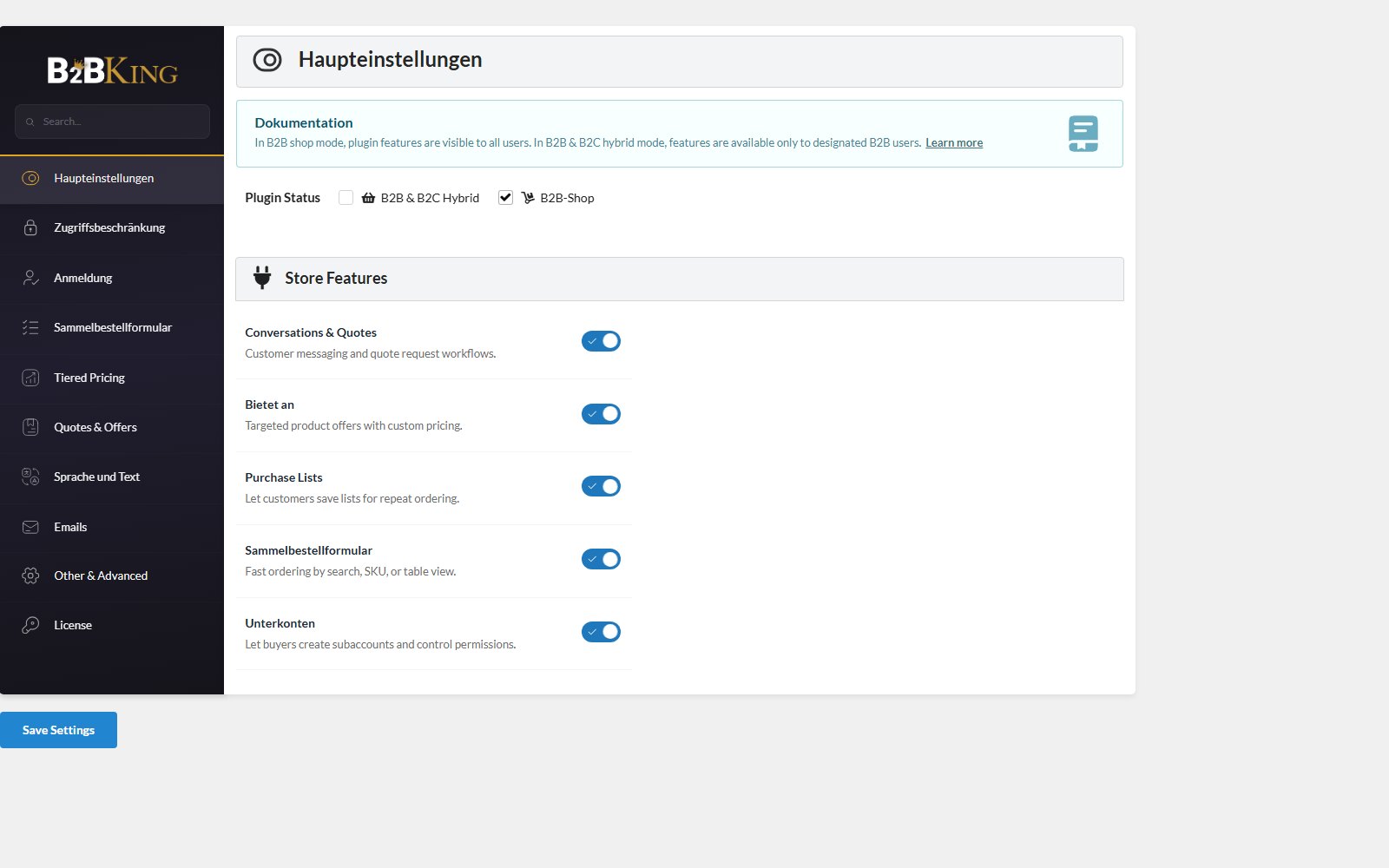 Plugin B2BKing Ultimate WooCommerce B2B Wholesale Panel der Haupteinstellungen von B2BKing mit den Betriebsmodi des Shops und einer Liste der Store-Features-Funktionen, die über Schalter aktiviert werden