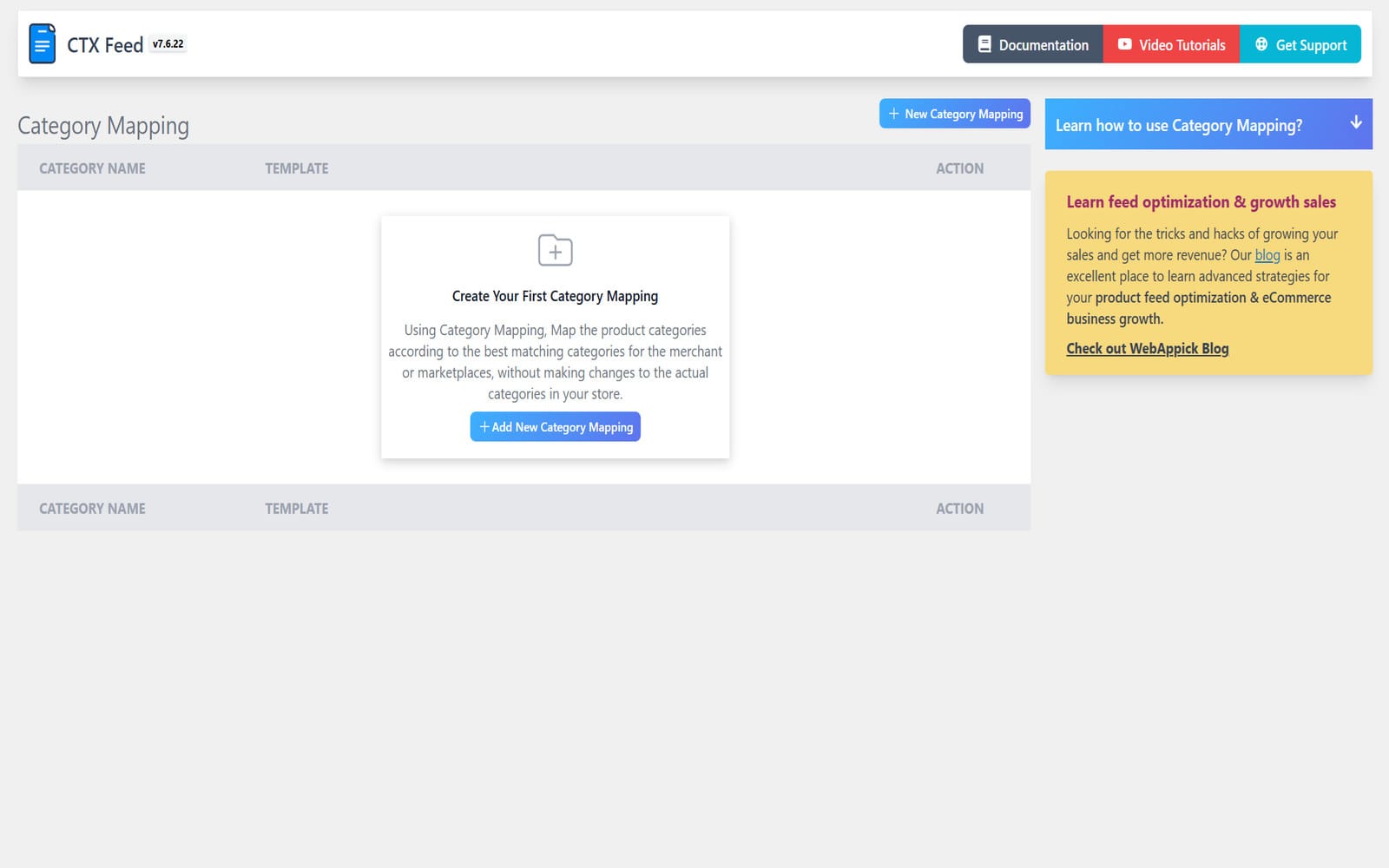 Plugin CTX Feed Pro WooCommerce Product Feed Generator Ansicht Category Mapping mit den Spalten Category Name und Template sowie der Option, die erste Zuordnung einer Shop-Kategorie zur Taxonomie des Kanals hinzuzufügen