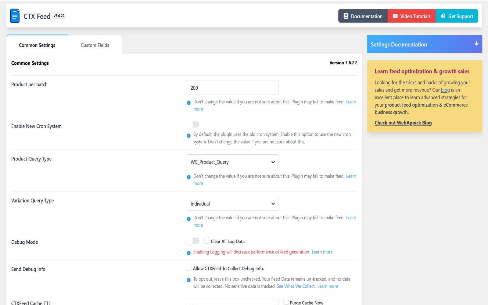 Plugin CTX Feed Pro WooCommerce Product Feed Generator Reiter Common Settings mit dem auf 200 gesetzten Parameter Products Per Batch, der Option für ein neues Cron-System und dem Modus für Produktabfragen