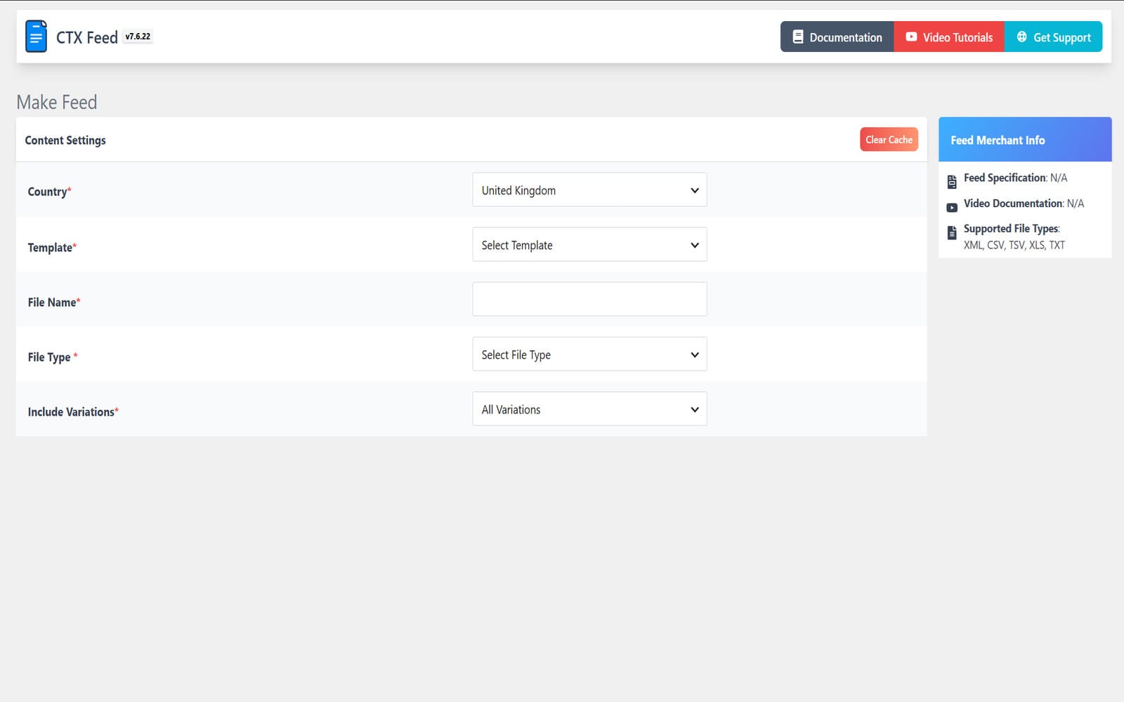Plugin CTX Feed Pro WooCommerce Product Feed Generator Formular Make Feed mit den Auswahlfeldern Country, Template, File Name, File Type und Include Variations beim Erstellen einer neuen Produktdatei