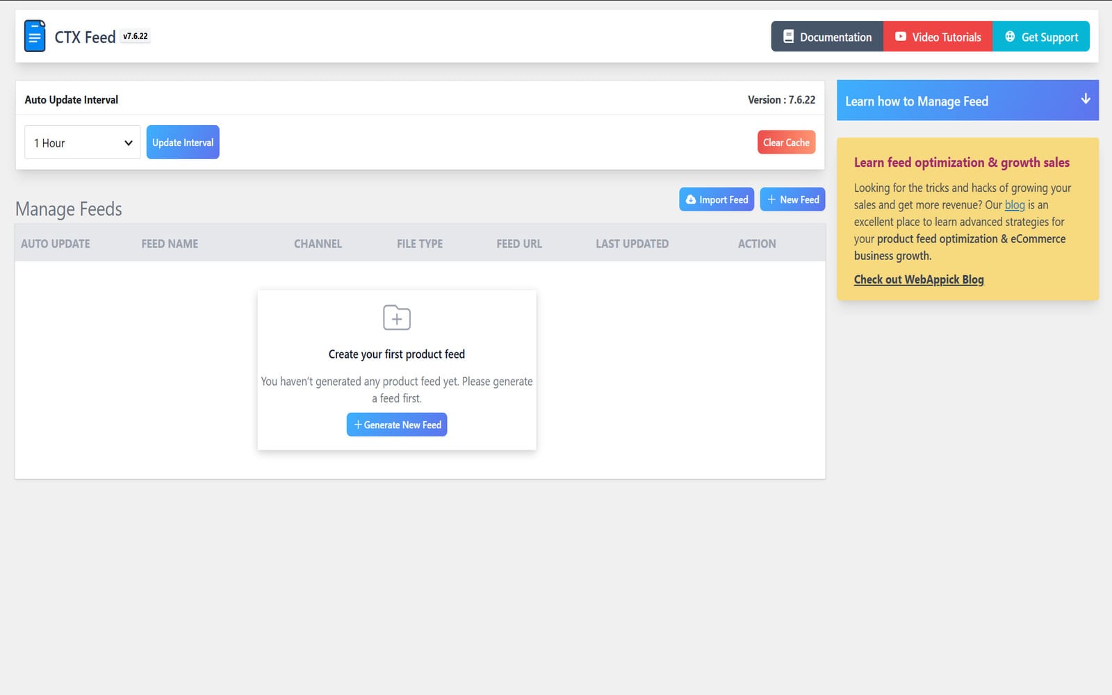 Plugin CTX Feed Pro WooCommerce Product Feed Generator Ansicht des Manage-Feeds-Panels mit einer Liste der generierten Feeds, der Einstellung des Aktualisierungsintervalls und den Schaltflächen Import Feed und New Feed