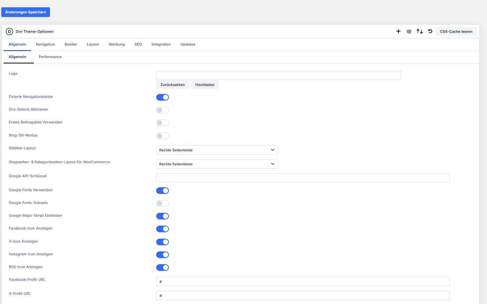 Theme Divi WordPress Reiter Allgemein im Divi-Theme-Optionen-Panel mit Schaltern für Einstellungen zu Navigation, Layout und Integrationen