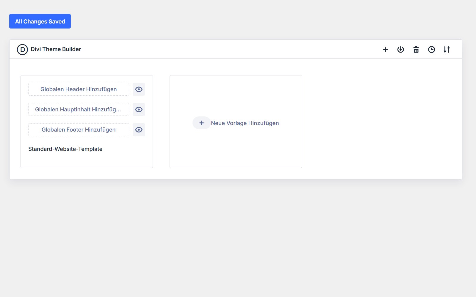 Theme Divi WordPress Divi-Theme-Builder-Panel mit Reitern für globale Vorlagen von Header, Content und Footer der Website