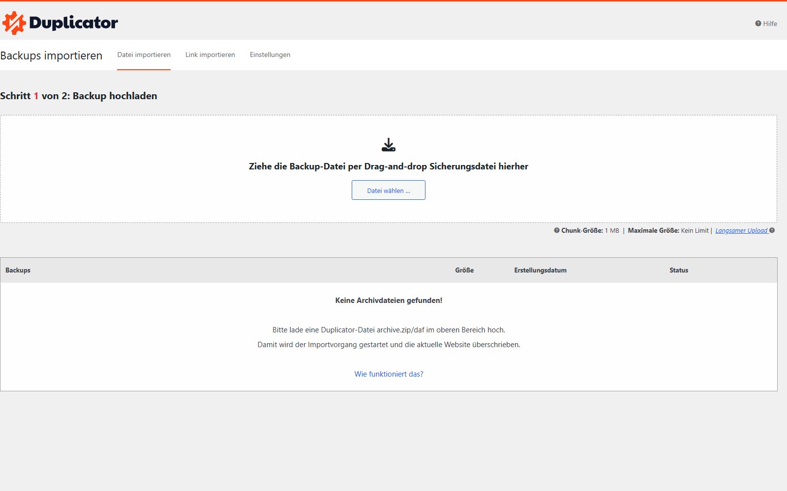 Plugin Duplicator Pro WordPress Bildschirm Import Backups in Duplicator Pro — Schritt 1 von 2 mit den Tabs Import File und Import Link
