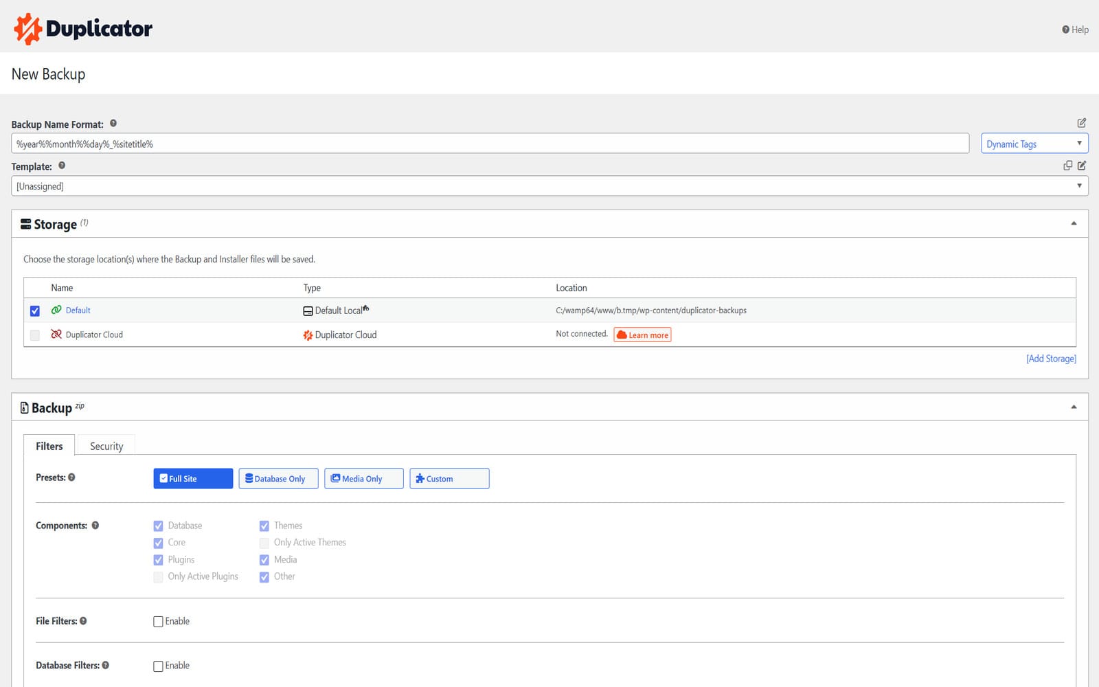 Plugin Duplicator Pro WordPress Assistent für ein neues Backup in Duplicator Pro mit den Bereichen Storage und Filters sowie den Voreinstellungen Full Site, Database Only, Media Only und Custom