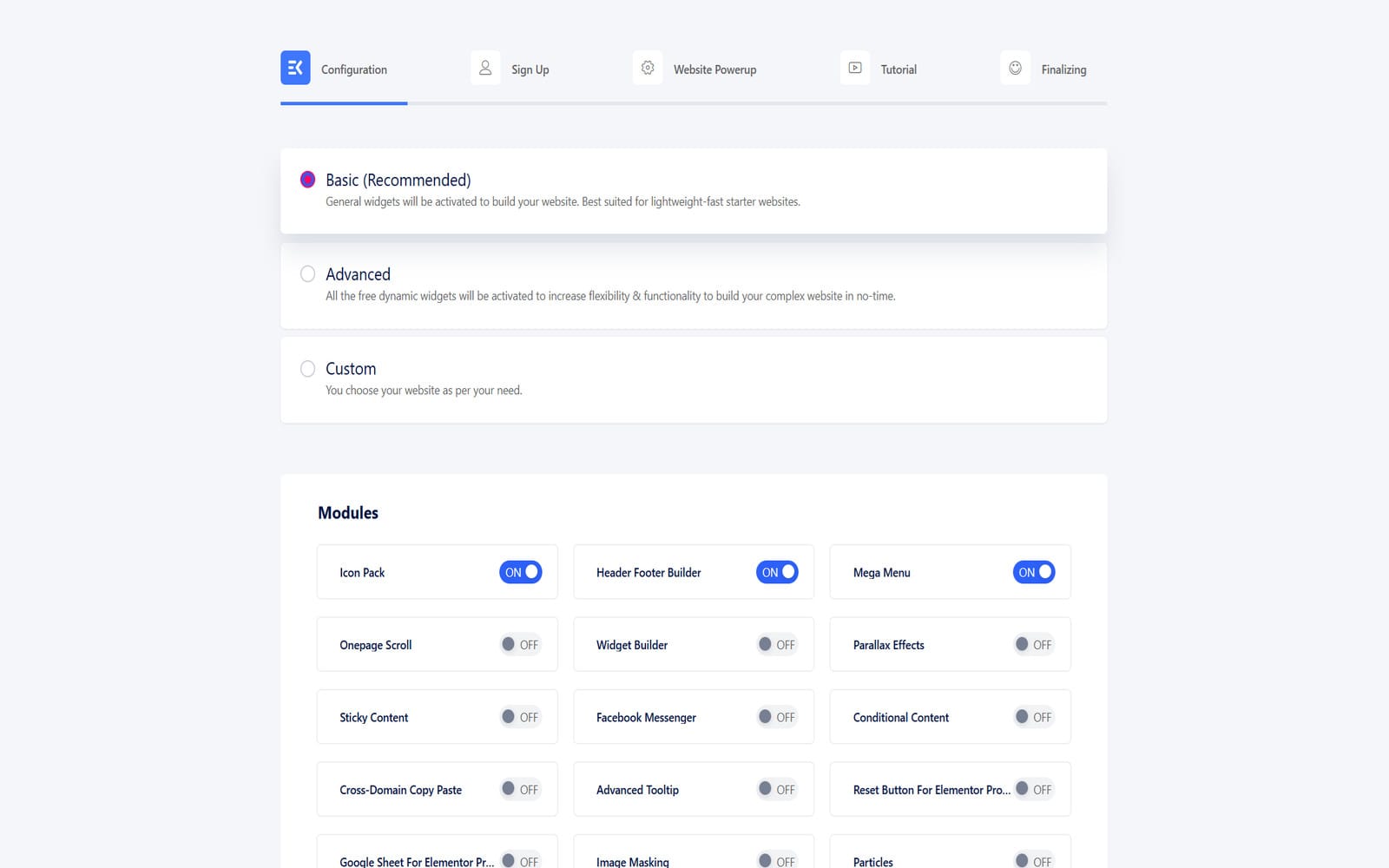 Plugin ElementsKit Ultimate Addons Pro for Elementor Startkonfigurationsbildschirm von ElementsKit Pro mit der Auswahl des Modus Basic, Advanced oder Custom sowie einer Modulliste mit ON/OFF-Schaltern