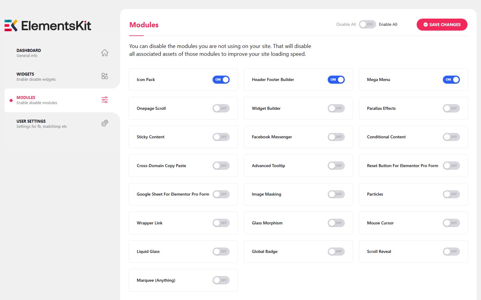 Plugin ElementsKit Ultimate Addons Pro for Elementor Modules-Panel in den Einstellungen von ElementsKit Pro mit einer Liste von Modulen wie Header Footer Builder, Mega Menu und Cross-Domain Copy Paste sowie ON/OFF-Schaltern