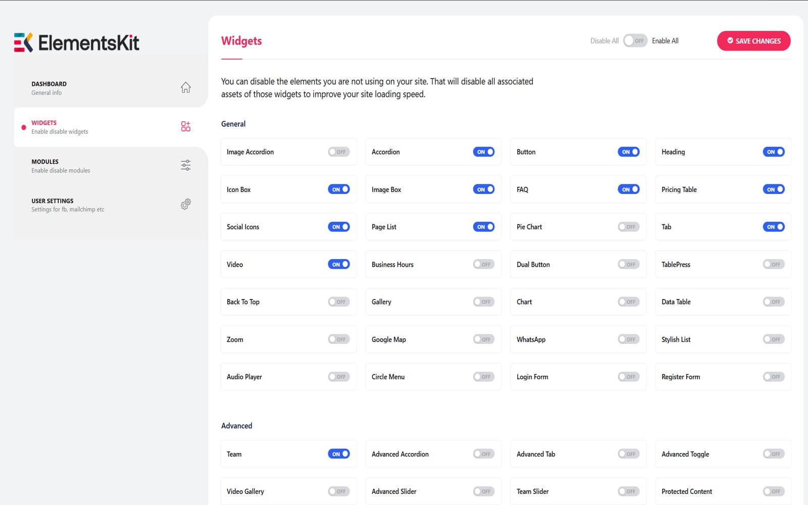Plugin ElementsKit Ultimate Addons Pro for Elementor Widgets-Panel in den Einstellungen von ElementsKit Pro mit einer Liste verfügbarer Widgets, unterteilt in die Bereiche General und Advanced, sowie Ein-/Ausschaltern