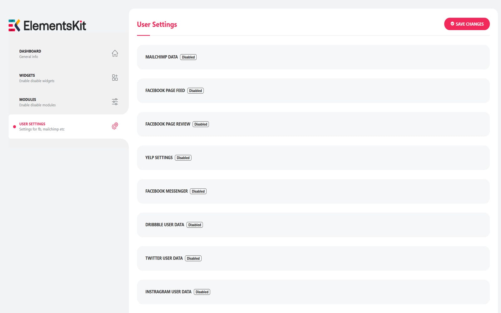 Plugin ElementsKit Ultimate Addons Pro for Elementor User-Settings-Panel in ElementsKit Pro mit Konfigurationsbereichen für externe Integrationen — Mailchimp, Facebook, Yelp, Dribbble und Twitter — alle im Zustand Disabled