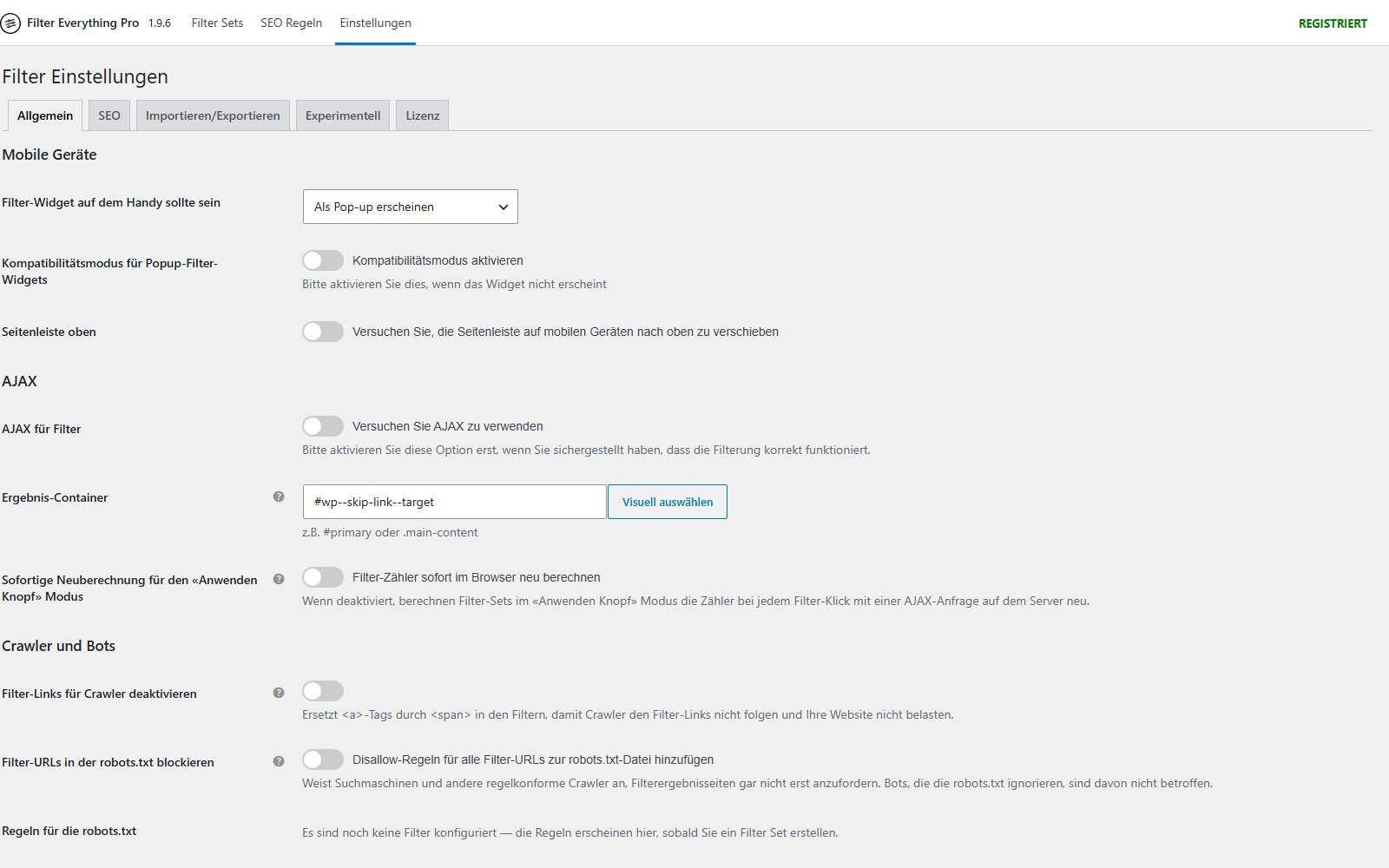 Plugin Filter Everything Pro Reiter Allgemeine Einstellungen mit der Option für das mobile Widget, dem AJAX-Schalter und dem Feld für die CSS-ID des Inhaltscontainers
