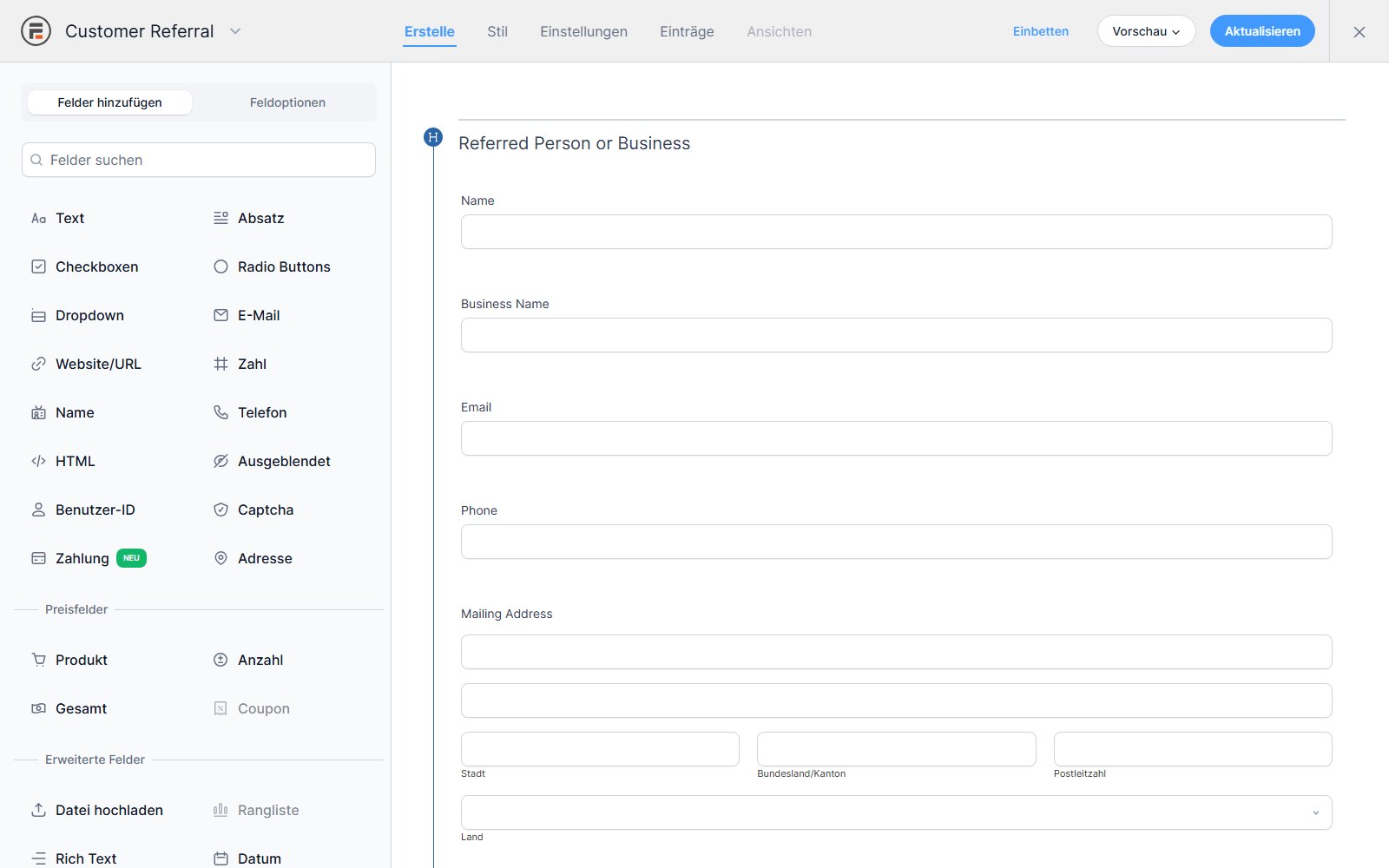 Plugin Formidable Forms Pro + ZUSATZ-PLUGINS ! Formular-Editor für Customer Referral mit einer Liste von Feldtypen links und einer Vorschau des mehrspaltigen Adressformulars