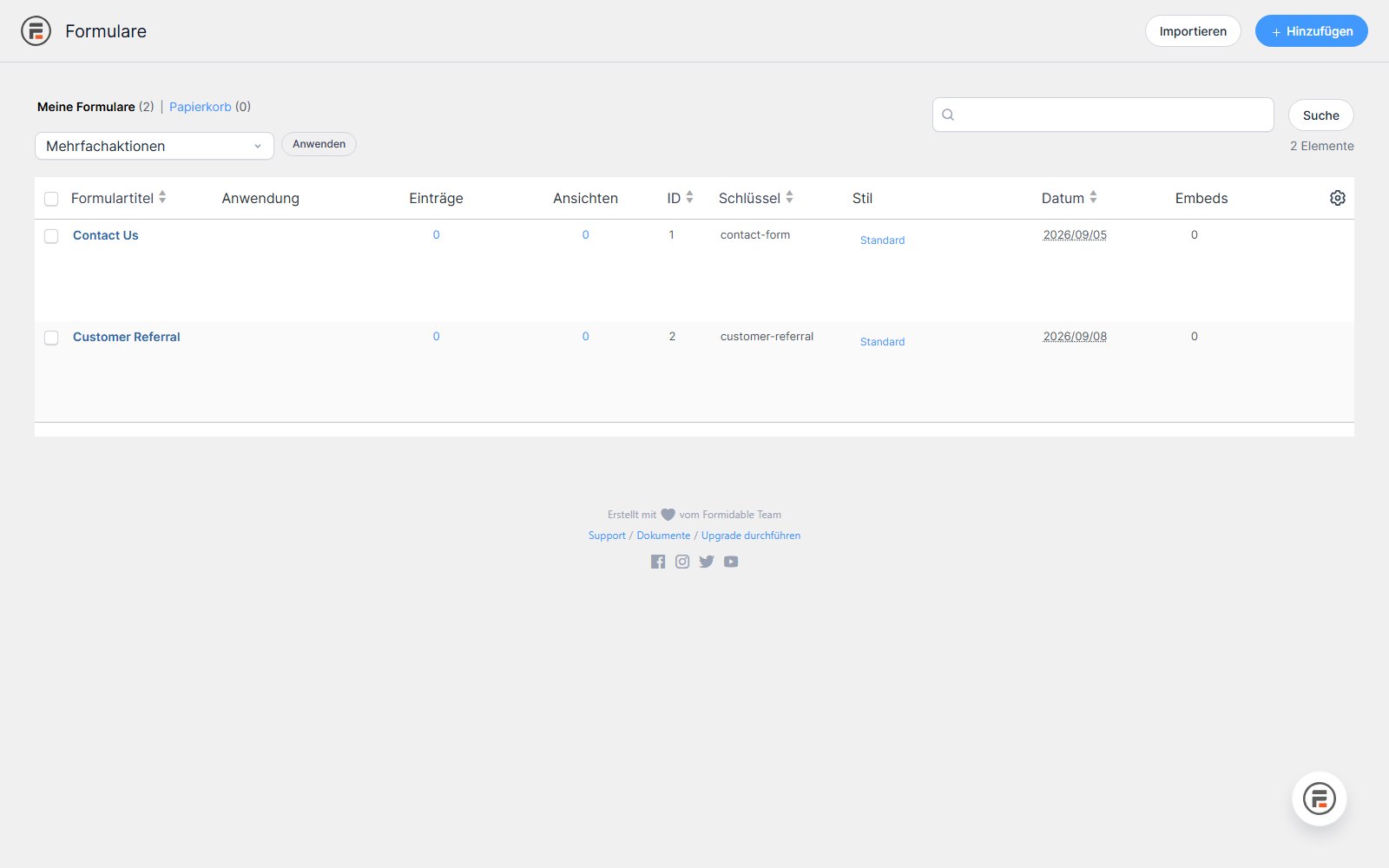 Plugin Formidable Forms Pro + ZUSATZ-PLUGINS ! Panel der Formularliste von Formidable Forms mit einer Tabelle, die Titel, Einträge, Views, ID, Schlüssel und Stil enthält