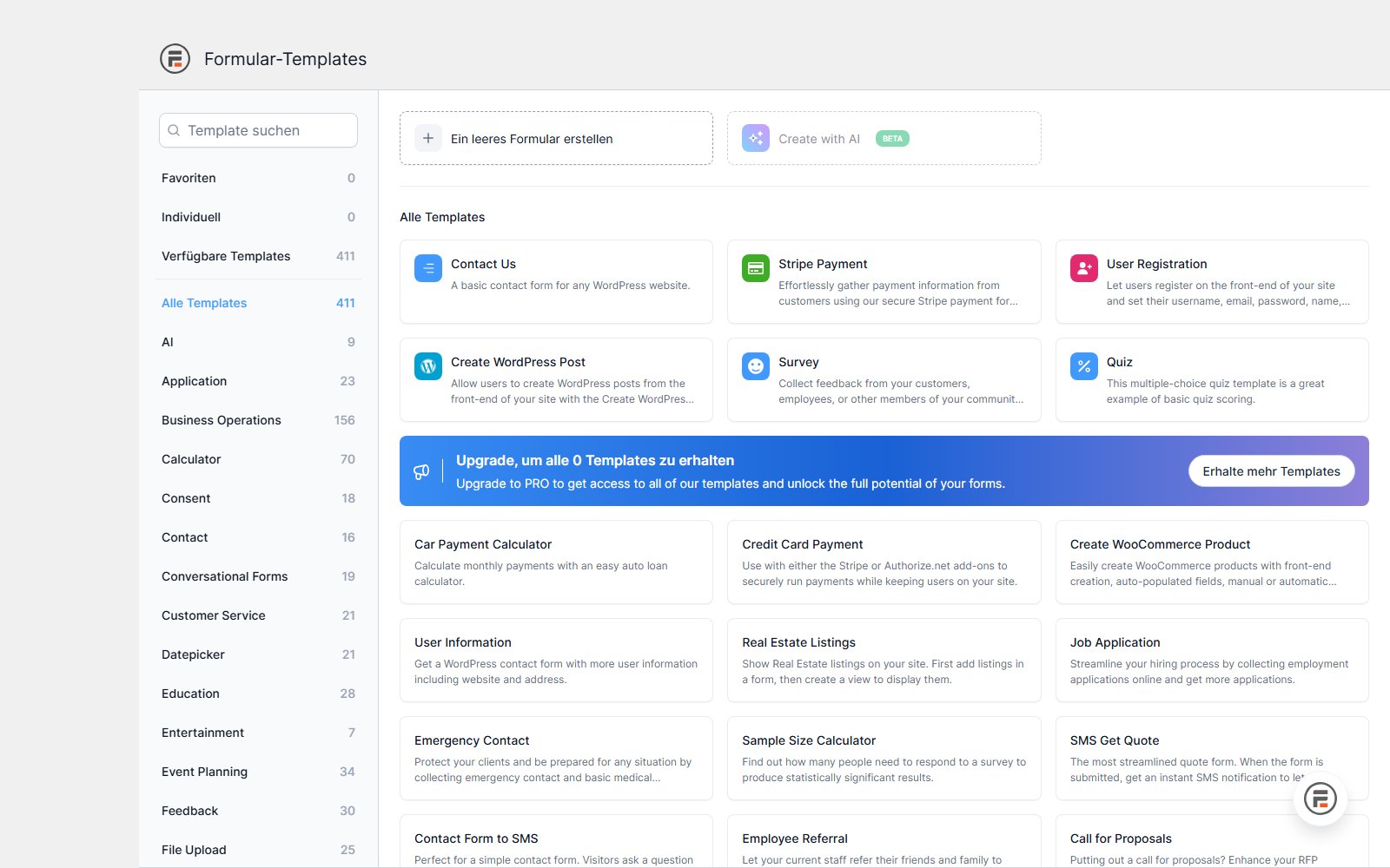 Plugin Formidable Forms Pro + ZUSATZ-PLUGINS ! Vorlagenbibliothek von Formidable Forms mit Kategorien links, einem Raster fertiger Formulare und der Option Create with AI