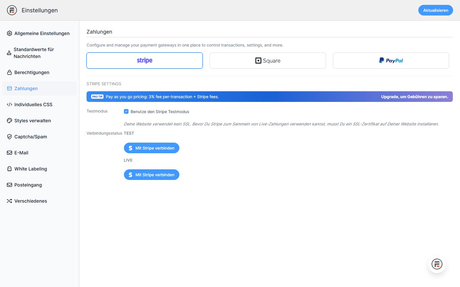 Plugin Formidable Forms Pro + ZUSATZ-PLUGINS ! Panel der Zahlungseinstellungen mit den Tabs Stripe, Square und PayPal sowie dem Bereich zur Konfiguration der Stripe-Verbindung