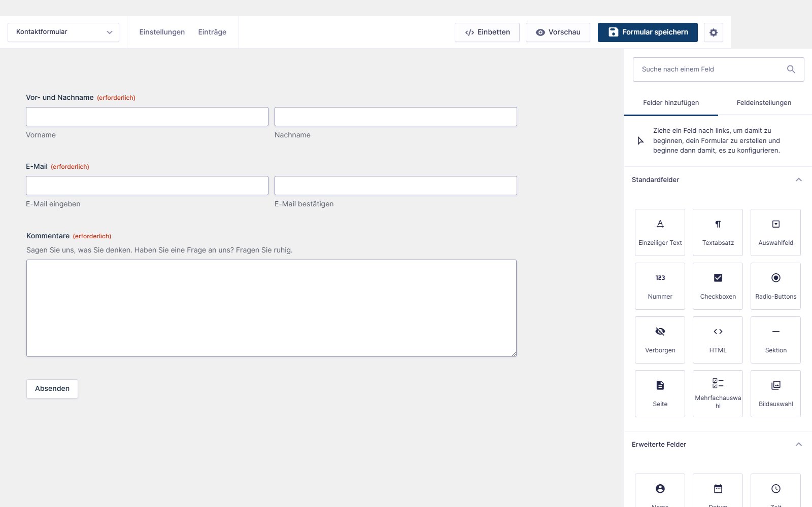 Plugin Gravity Forms Premium WordPress Formular-Editor von Gravity Forms mit einem Kontaktformular in der Drag-and-Drop-Ansicht und dem Panel der Standard-Feldtypen auf der rechten Seite.