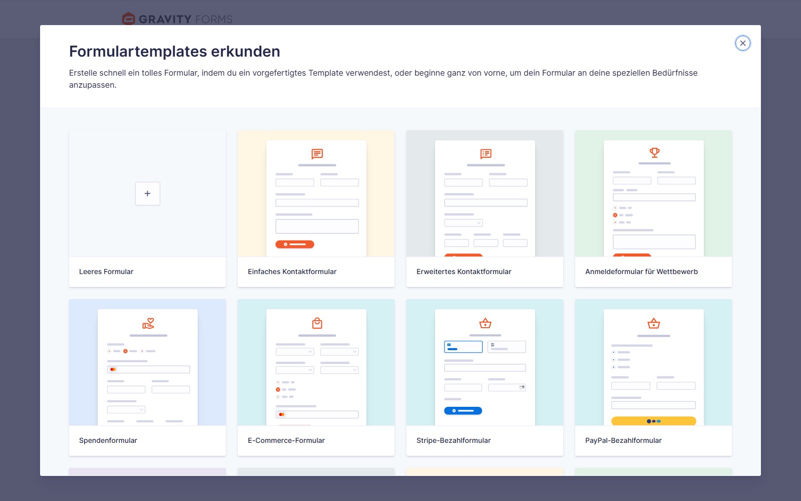 Plugin Gravity Forms Premium WordPress Vorlagen-Browser von Gravity Forms mit Miniaturansichten fertiger Kontakt-, Spenden- und Anmeldeformulare.