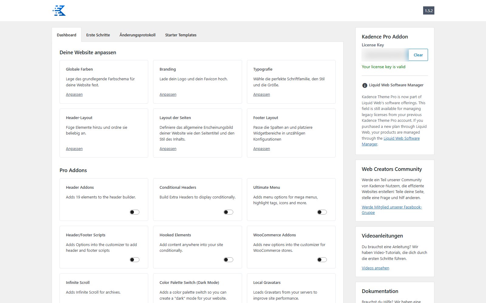Theme Kadence Pro + Addons Kadence-Pro-Dashboard mit dem Bereich zur Website-Personalisierung und der Liste der Pro-Addons mit Ein-/Aus-Schaltern