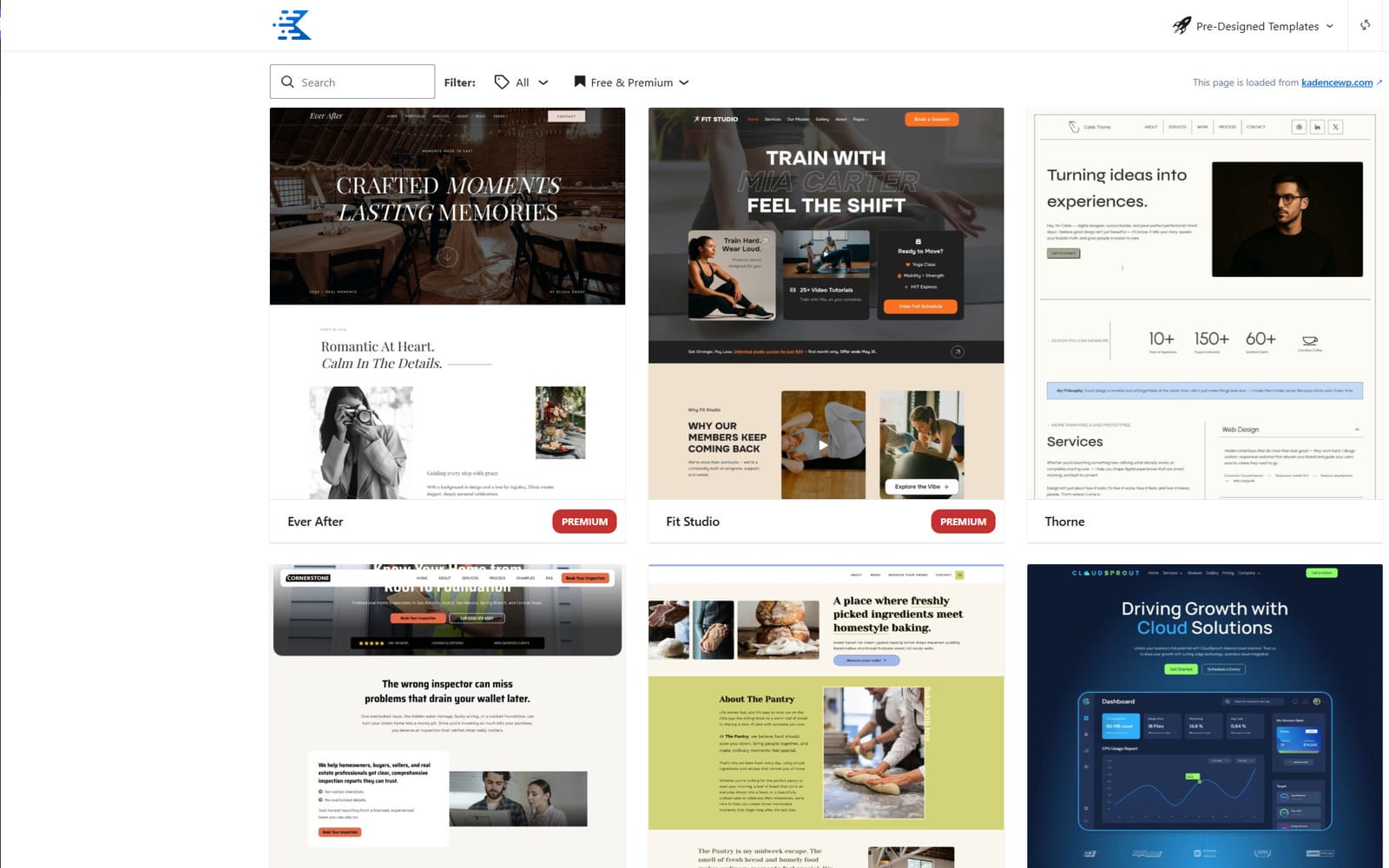 Theme Kadence Pro + Addons Starter-Templates-Bibliothek mit einem Raster fertiger Startvorlagen und einem Free-&-Premium-Filter