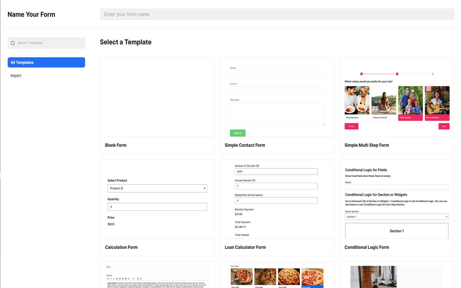 Plugin Piotnet Addons For Elementor Pro Auswahlpanel für Formularvorlagen im PAFE Form Builder mit Vorschau fertiger Vorlagen: Blank Form, Simple Contact Form, Multi Step Form, Calculation Form, Loan Calculator Form und Conditional Logic Form