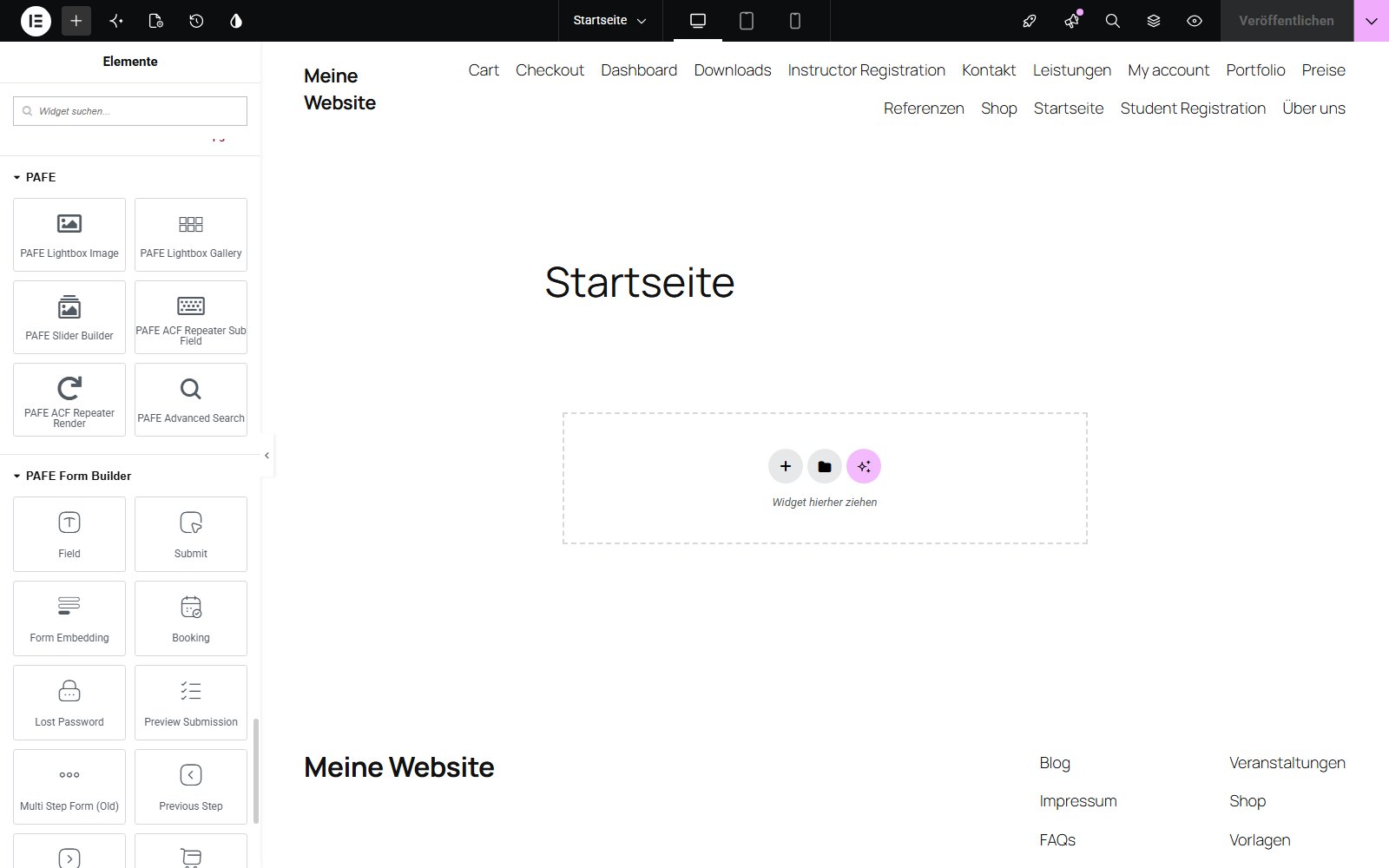 Plugin Piotnet Addons For Elementor Pro Elementor-Widget-Panel mit den Bereichen PAFE und PAFE Form Builder mit den Widgets: Field, Submit, Form Embedding, Booking, Lost Password, Multi Step Form (Old) sowie PAFE Lightbox Image, PAFE Slider Builder und PAFE Advanced Search