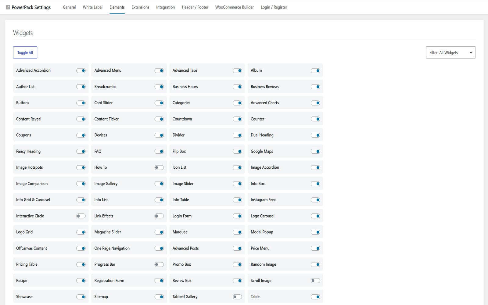 Plugin Powerpack Elements For Elementor 60 Add-ons Einstellungspanel PowerPack Settings mit Reiter Elements und Liste der verfügbaren Widgets mit Ein/Aus-Schaltern