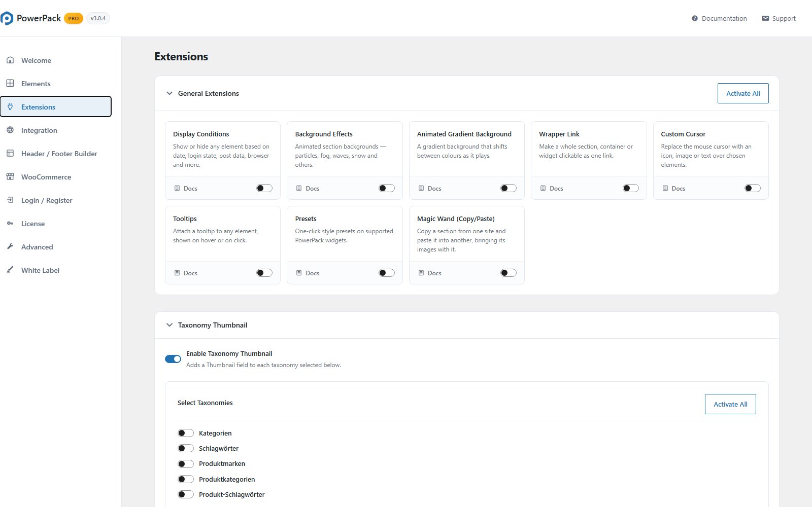 Plugin Powerpack Elements For Elementor 60 Add-ons Einstellungspanel PowerPack Settings mit Reiter Extensions — Liste der System-Erweiterungen mit Schaltern sowie Bereich Taxonomy Thumbnail