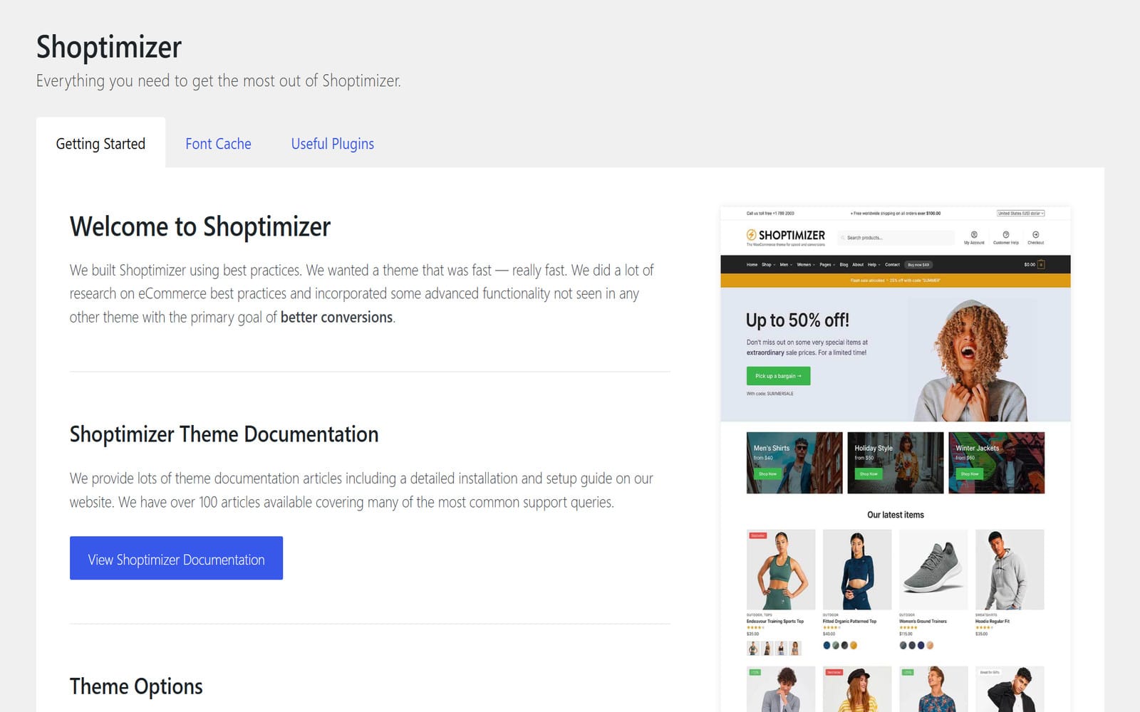 Theme Shoptimizer Optimize Your WooCommerce Store Willkommens-Panel des Shoptimizer-Themes mit den Reitern Getting Started, Font Cache und Useful Plugins sowie einer Vorschau des Demo-Shops