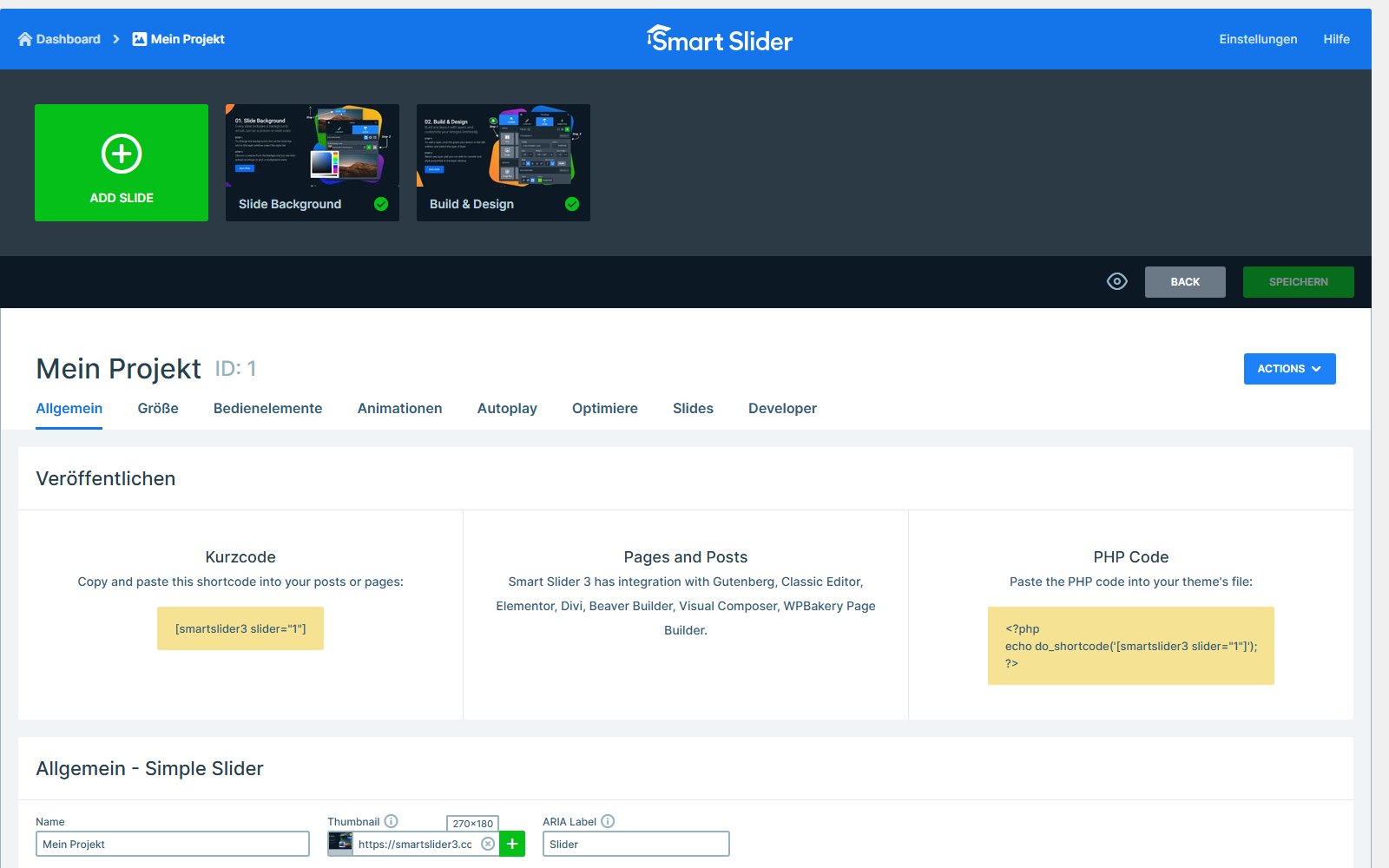 Plugin Smart Slider 3 Pro + Vorlagen Projektverwaltungsbereich von Smart Slider 3 mit dem Bereich Veröffentlichen, der die Einbettungsoptionen per Kurzcode, Pages and Posts und PHP Code zeigt.