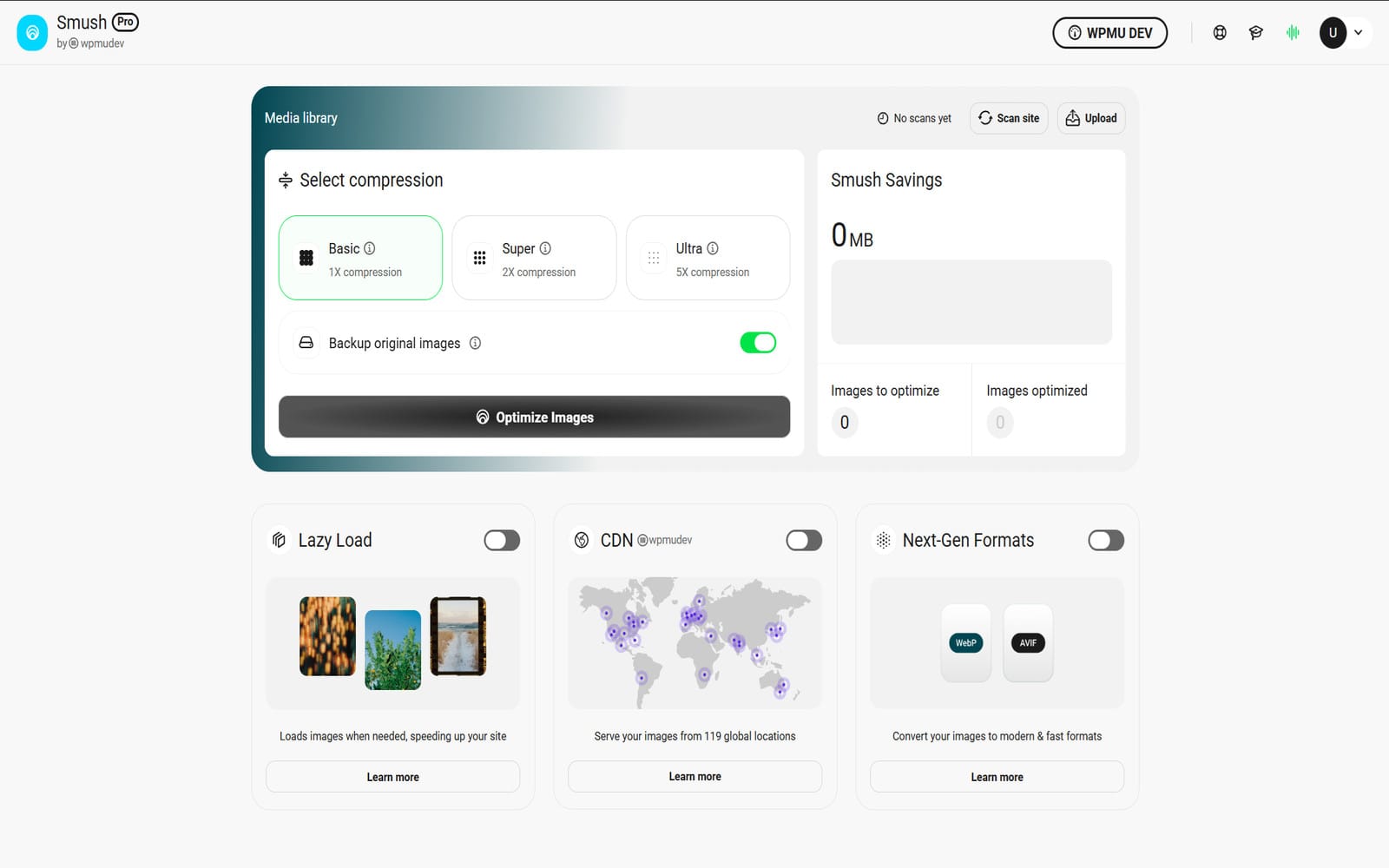 Plugin WPMU DEV WP Smush Pro Plugin Hauptpanel von Smush Pro mit Auswahl der Komprimierungsstufe (Basic, Super, Ultra), CDN-Schalter mit 119 Standorten und Bereich für die Formate der neuen Generation WebP und AVIF