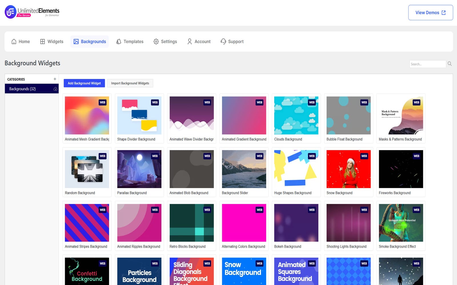 Plugin Unlimited Elements Premium for Elementor 700+ Reiter Background Widgets mit einem Raster fertiger animierter Pro-Hintergründe, darunter Mesh Gradient, Particles, Snow und Fireworks