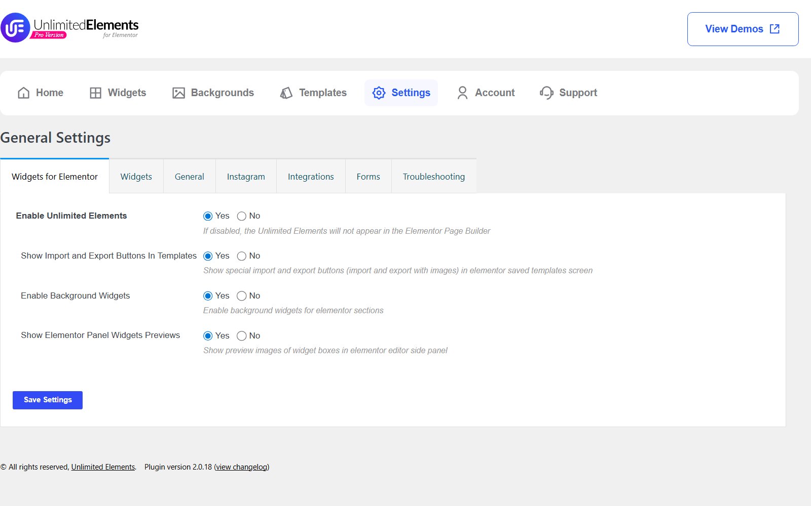 Plugin Unlimited Elements Premium for Elementor 700+ Reiter General Settings mit Optionen zum Aktivieren von Unlimited Elements, Widget-Hintergründen und der Elementvorschau im Elementor-Panel