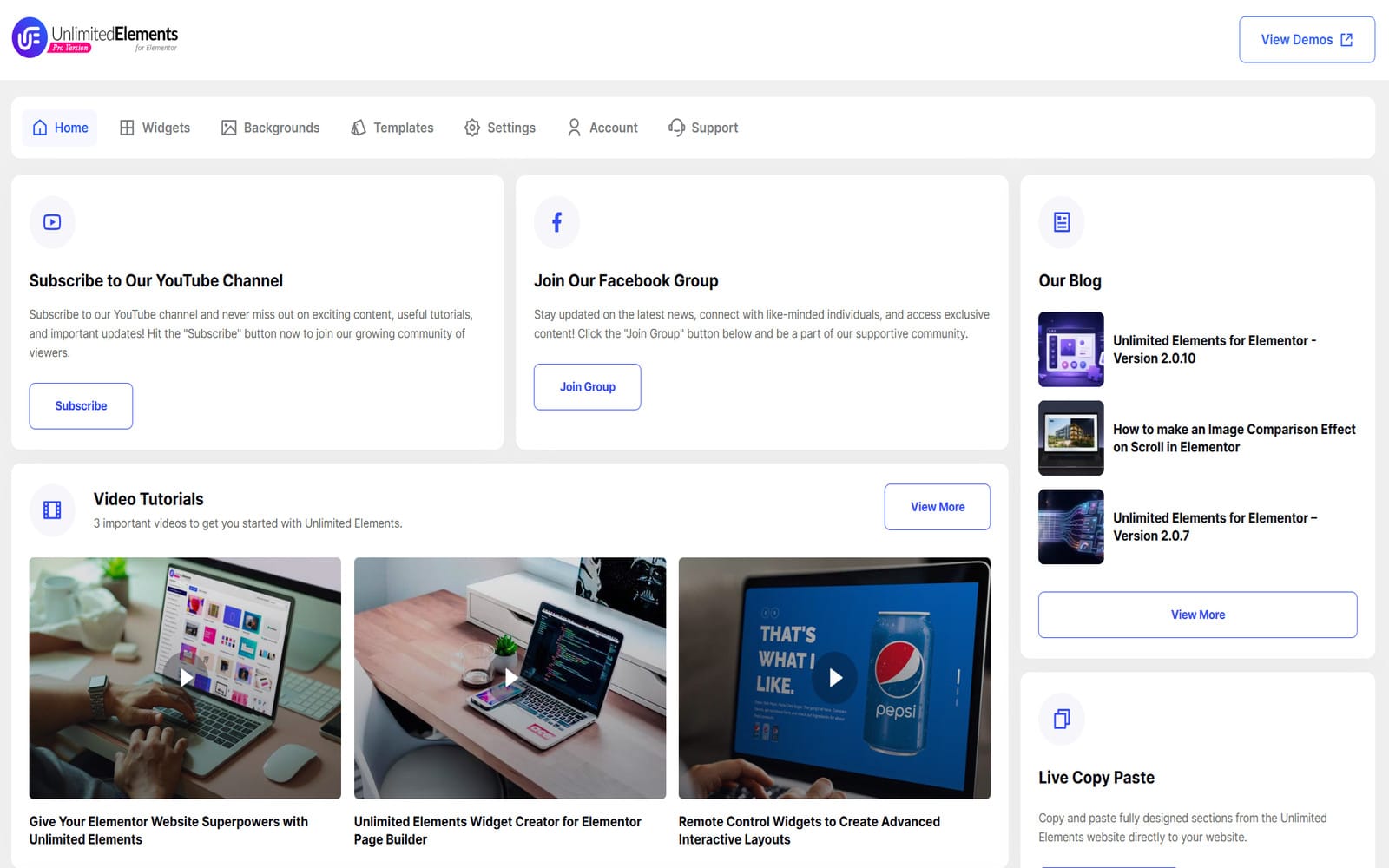 Plugin Unlimited Elements Premium for Elementor 700+ Hauptbildschirm des Unlimited Elements Pro-Panels mit den Kacheln Video Tutorials, YouTube, Facebook Group und dem Live-Copy-Paste-Block