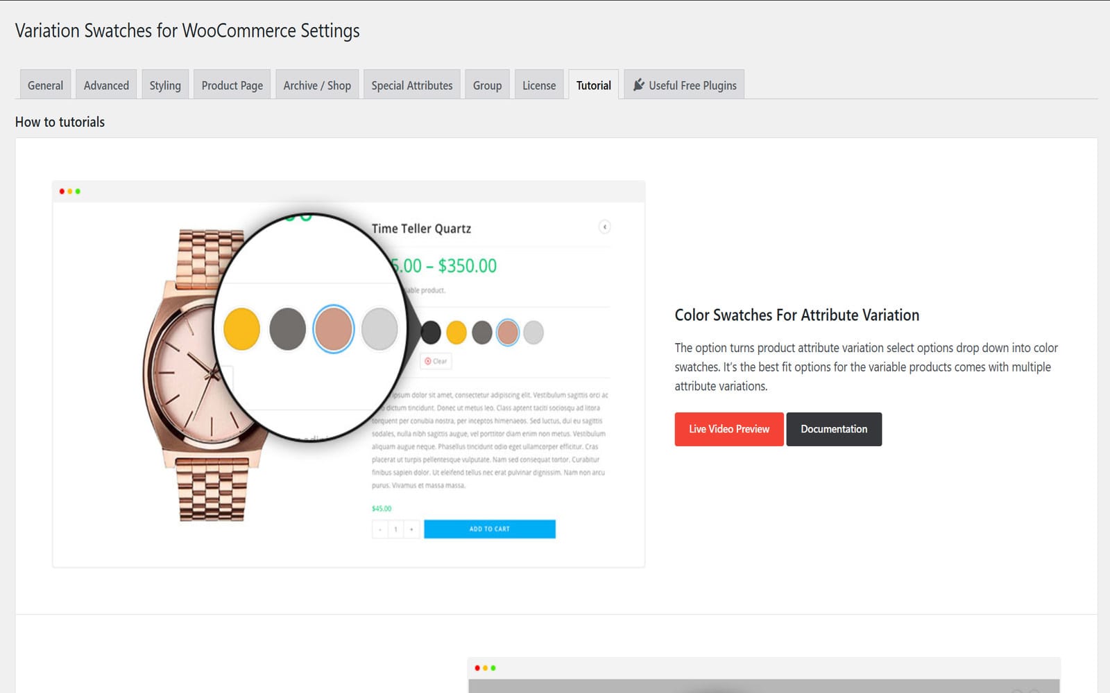 Plugin Variation Swatches for WooCommerce Pro Einstellungsbereich des Plugins Variation Swatches for WooCommerce mit dem Tab Tutorial und einer Vorschau der Farbmuster auf der Produktseite