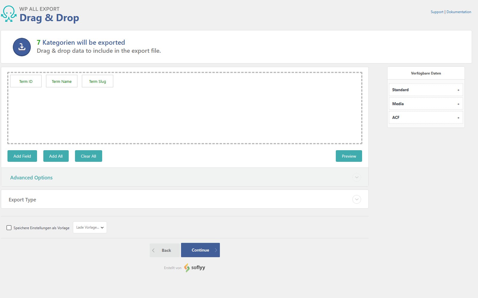 Plugin Soflyy WP All Export PRO Drag-and-drop-Export-Builder mit den Feldern Term ID, Term Name und Term Slug sowie dem Panel Available Data auf der rechten Seite