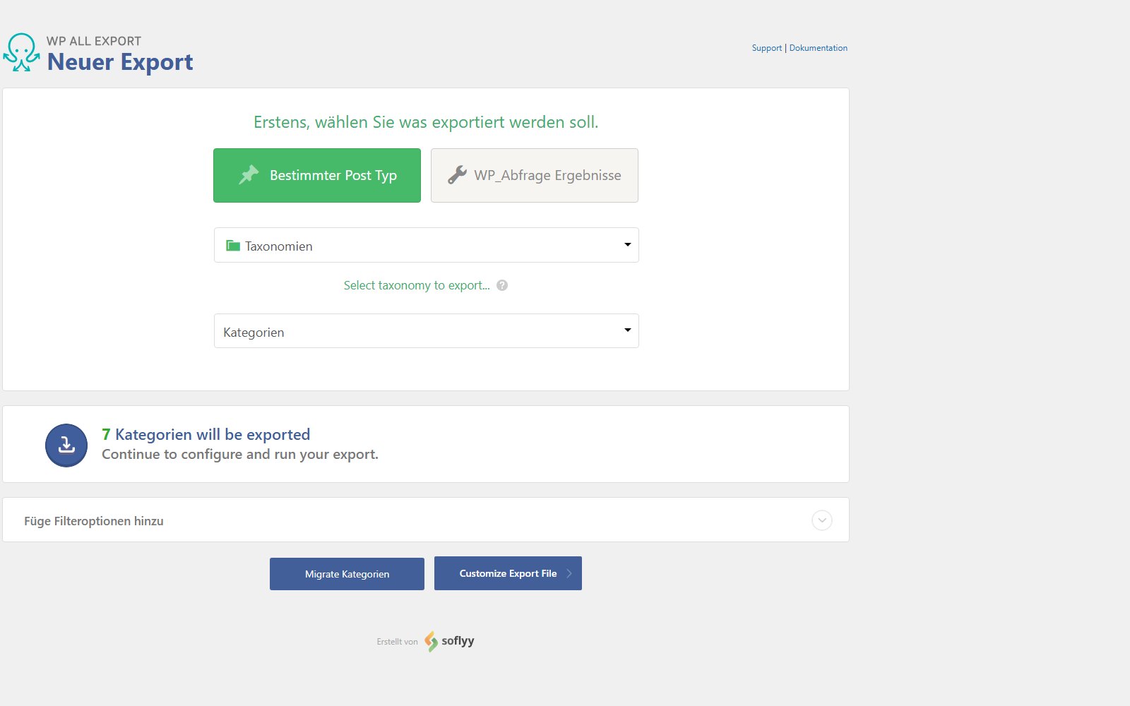 Plugin Soflyy WP All Export PRO Konfiguration des Taxonomie-Exports mit ausgewähltem Typ Kategorien und Vorschau der Anzahl zu exportierender Datensätze