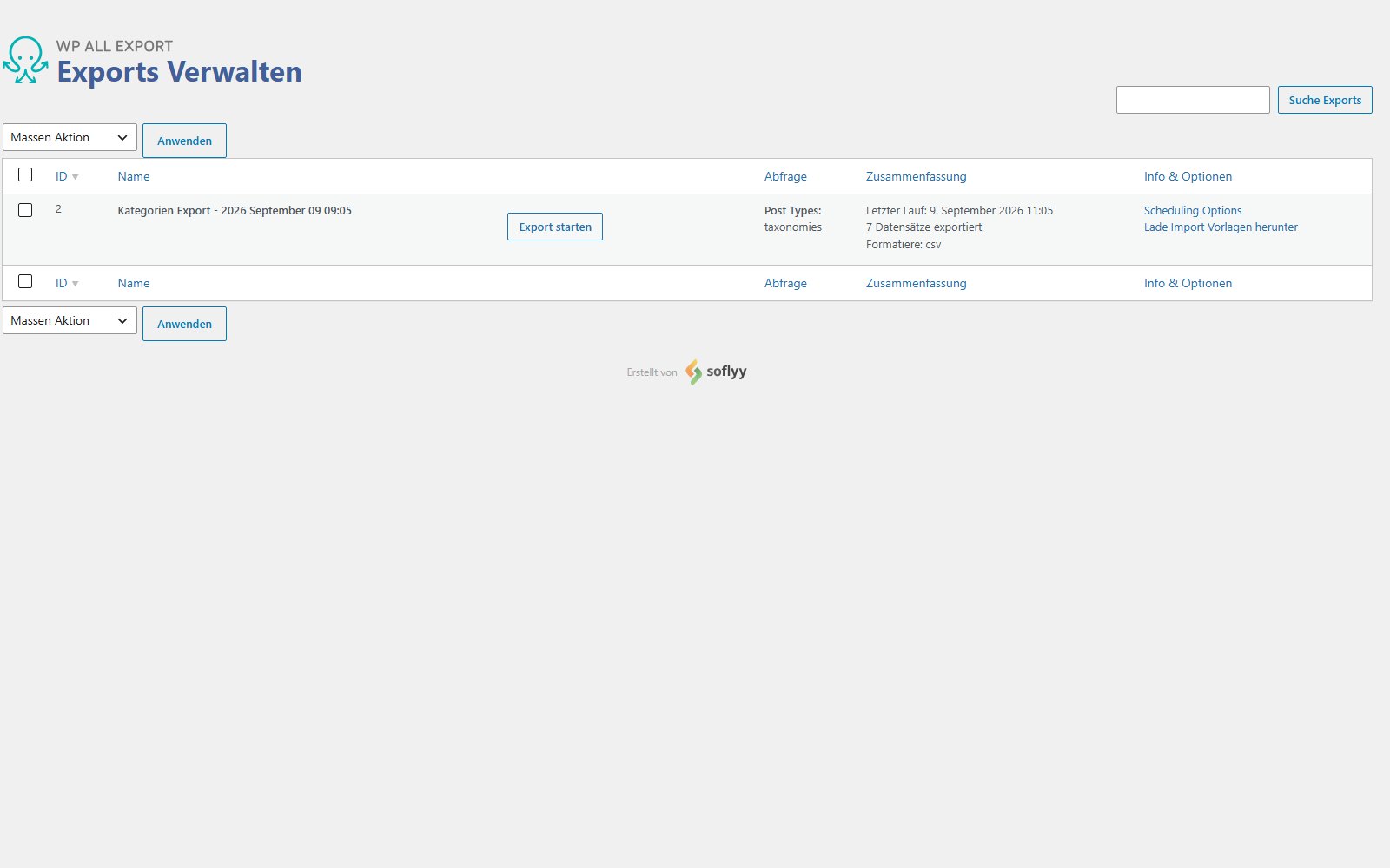 Plugin Soflyy WP All Export PRO Verwaltungsansicht der gespeicherten Exporte mit der Tabelle ID, Name, Query, Summary und Info and Options