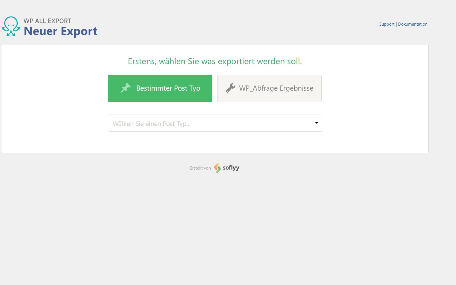 Plugin Soflyy WP All Export PRO Bildschirm zum Erstellen eines neuen Exports mit der Auswahl zwischen Specific Post Type und WP_Query Results