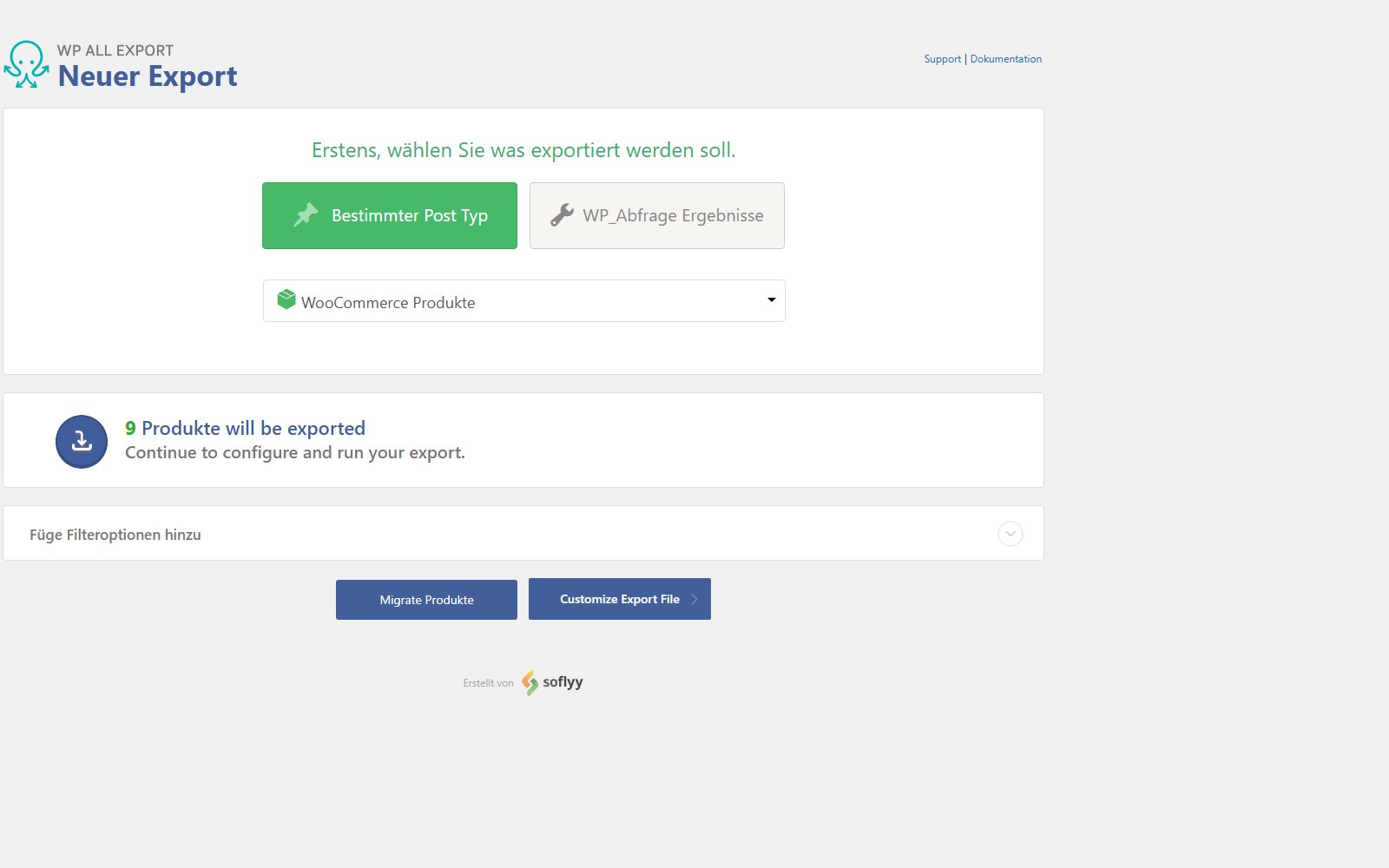 Plugin Soflyy WP All Export Pro WooCommerce Addon Bildschirm New Export in WP All Export mit Auswahl von WooCommerce Products und Option Customize Export File