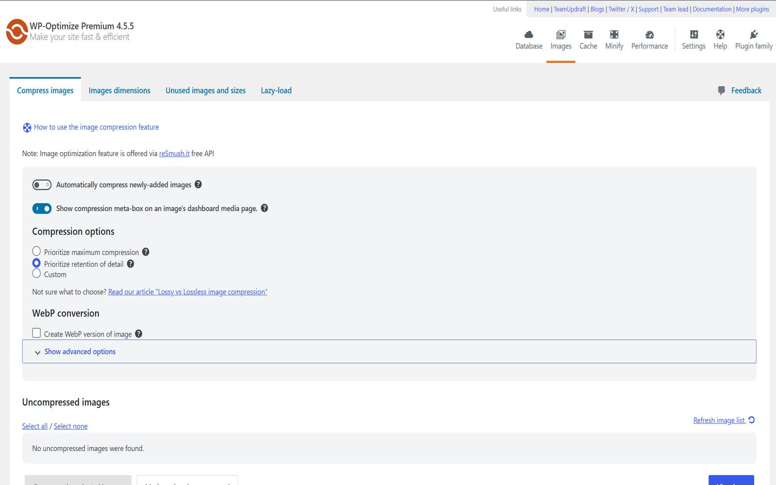 Plugin WP Optimize Premium Reiter Compress images mit Komprimierungsoptionen, WebP-Konvertierung und einer Liste unkomprimierter Bilder