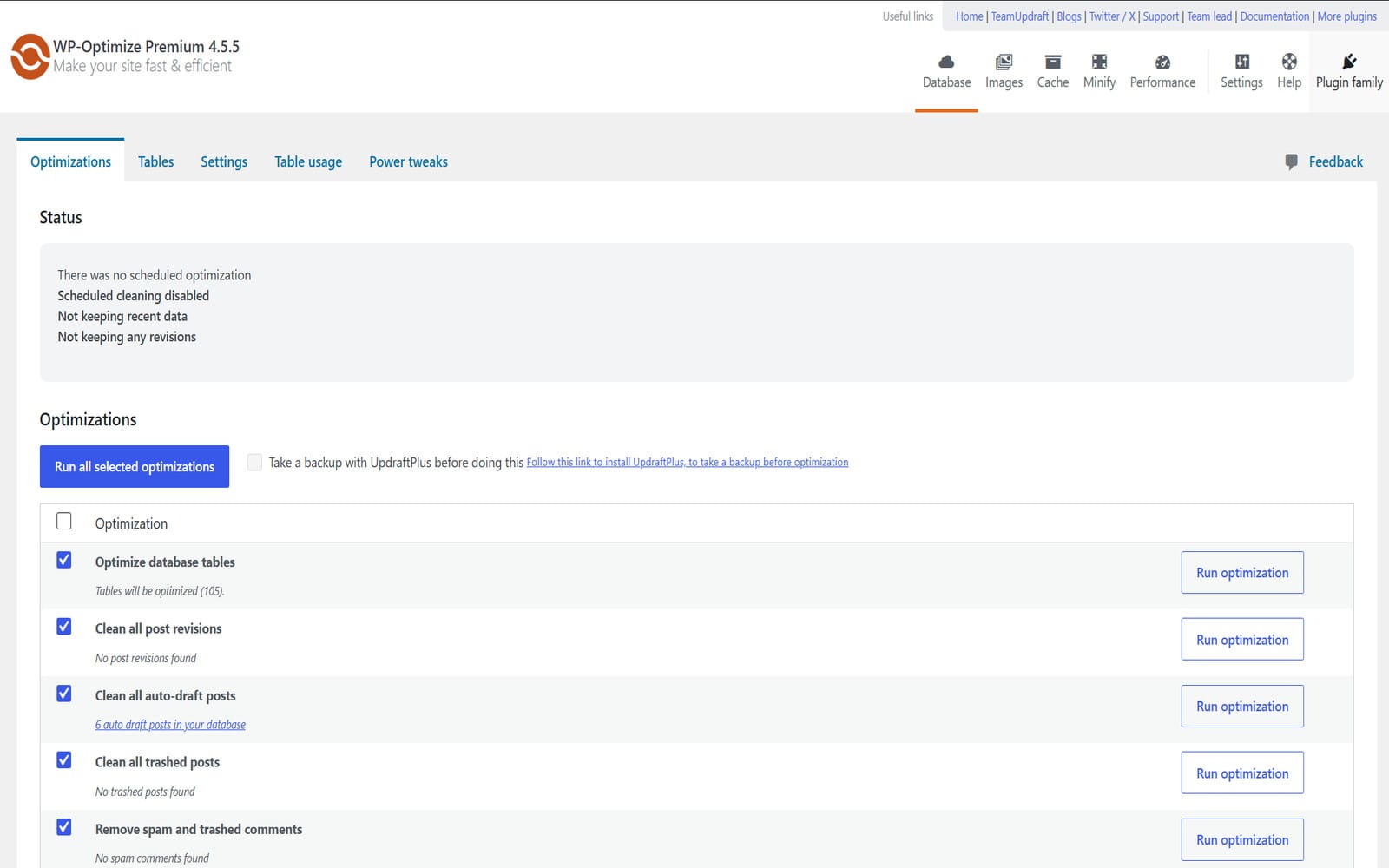 Plugin WP Optimize Premium Database-Bedienfeld in WP-Optimize Premium mit einer Liste von Datenbankbereinigungsvorgängen und Schaltflächen zum Starten der einzelnen Aufgaben